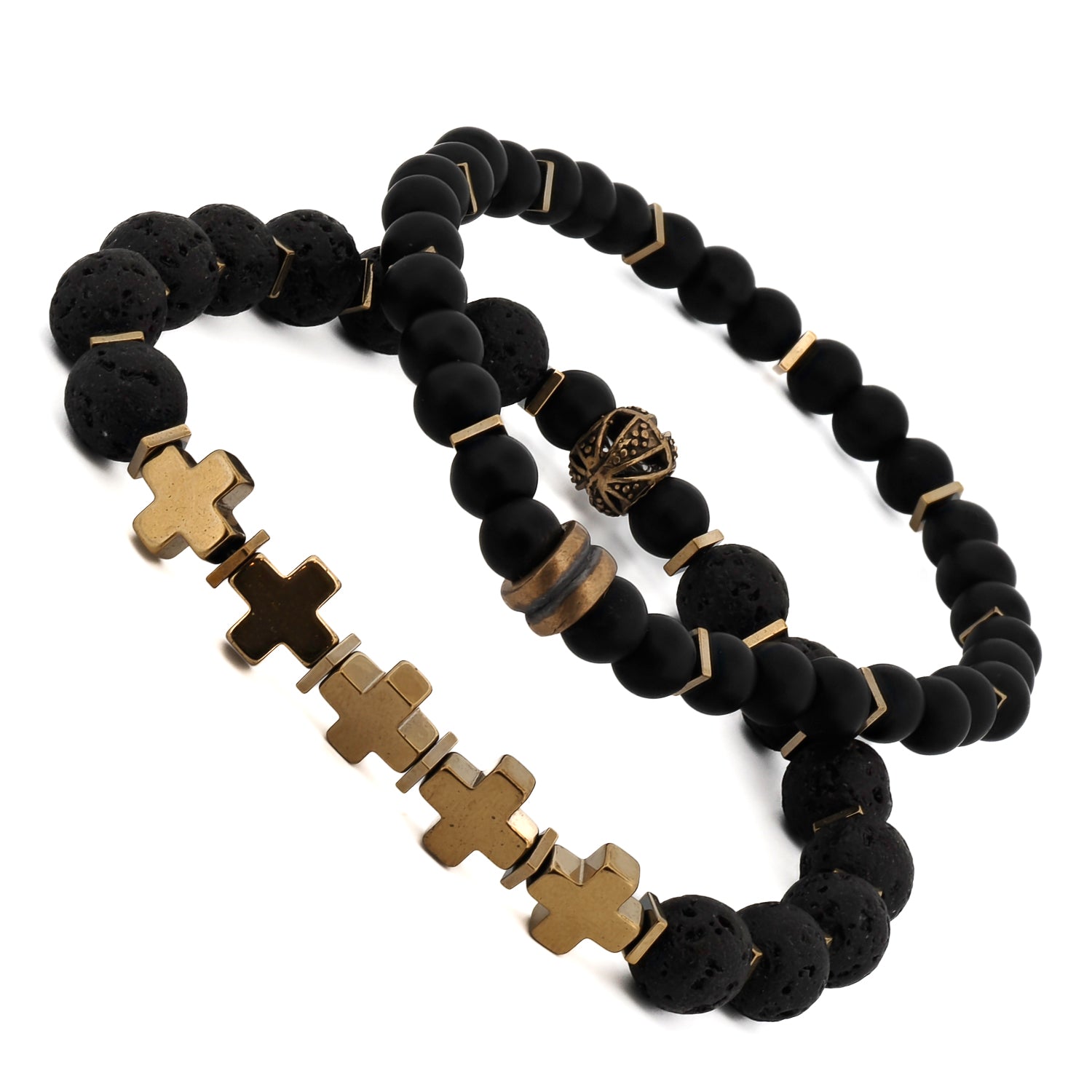 Men's Gold Cross Black Beaded Bracelet Set with Onyx Stones, Lava Rock Stones