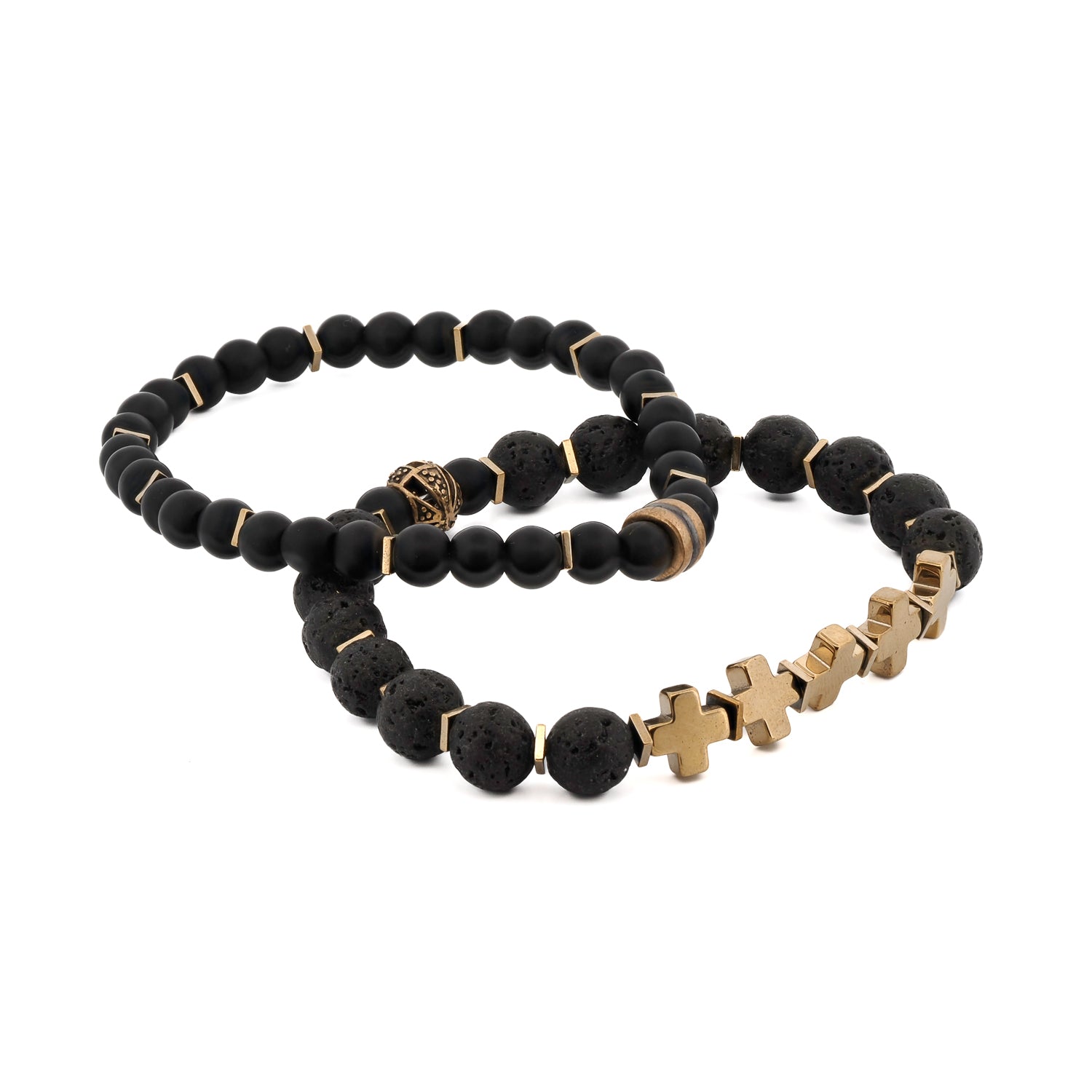 Black Onyx Stone Bracelet Set with Gold Cross Beads, Lava Rock Stone, USA Handcrafted Jewelry