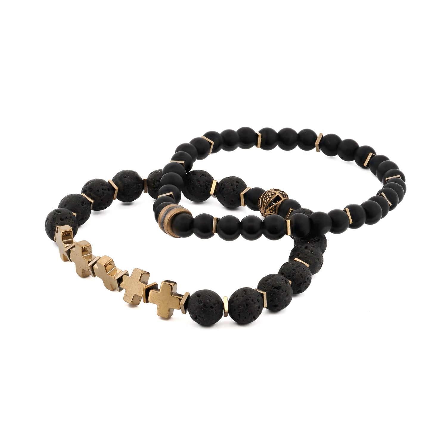 Handmade Gold Cross Black Beaded Bracelet Set with Onyx Stones, Lava Rock Stones