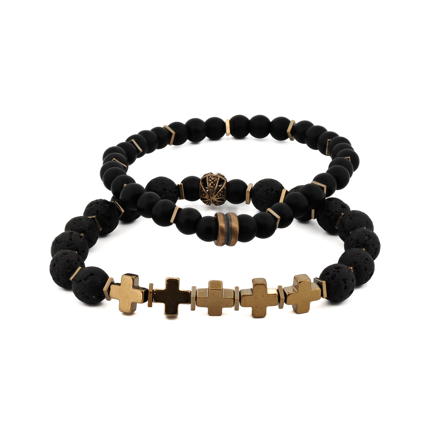 Gold Cross Black Beaded Bracelet Set with Gold Cross Beads, Black Onyx Stone, Lava Rock Stone, Handmade in USA