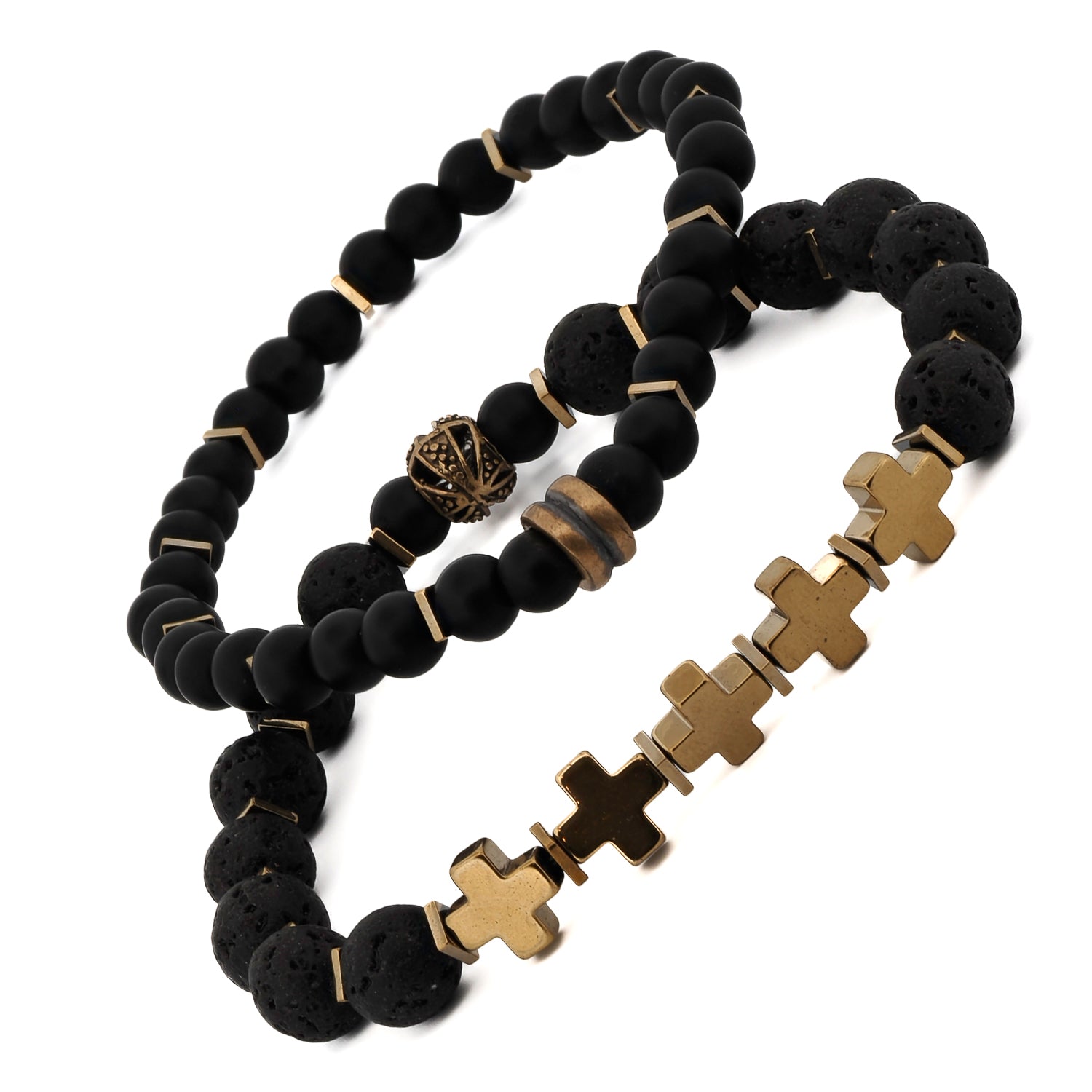 Elegant Gold Cross Black Beaded Bracelet Set with Onyx and Lava Rock Stones