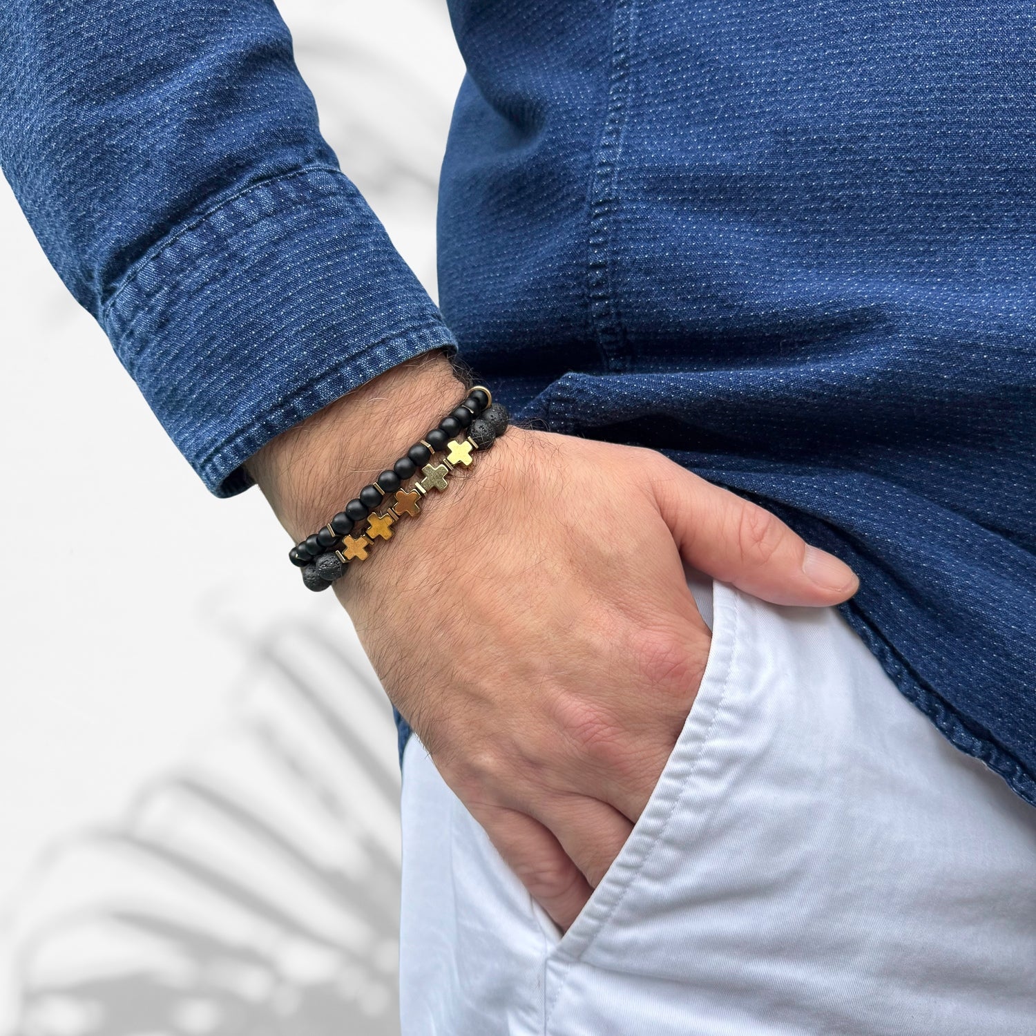 Black Onyx Stone Bracelet Set with Gold Cross Beads, Lava Rock Stone