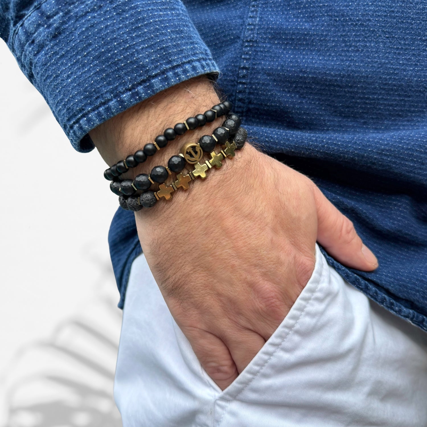 Spiritual Gold Cross Black Beaded Bracelet Set with Onyx and Lava Rock Stones