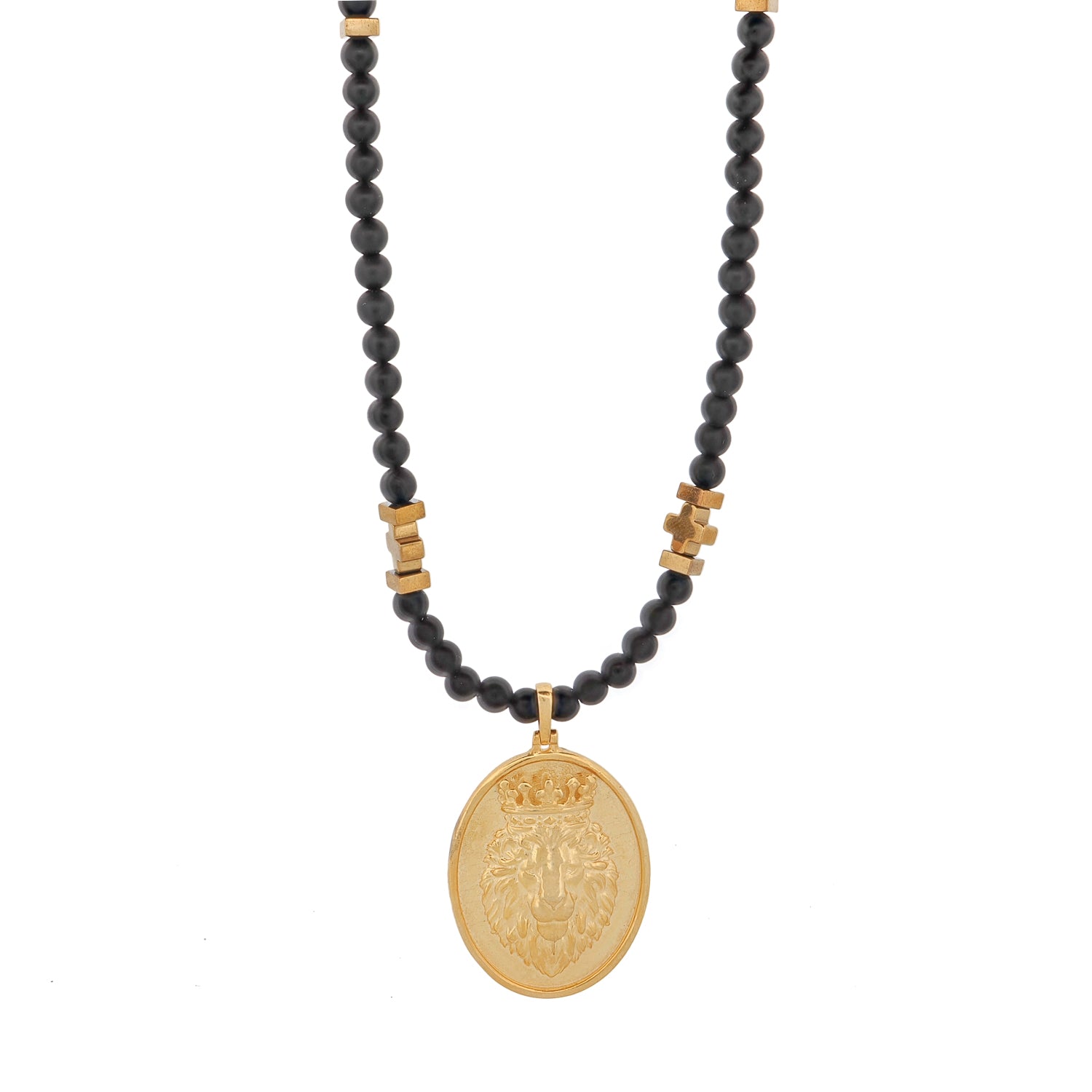 Black onyx men's necklace with 24k gold-plated lion pendant and gold hematite spacers, handmade in USA.