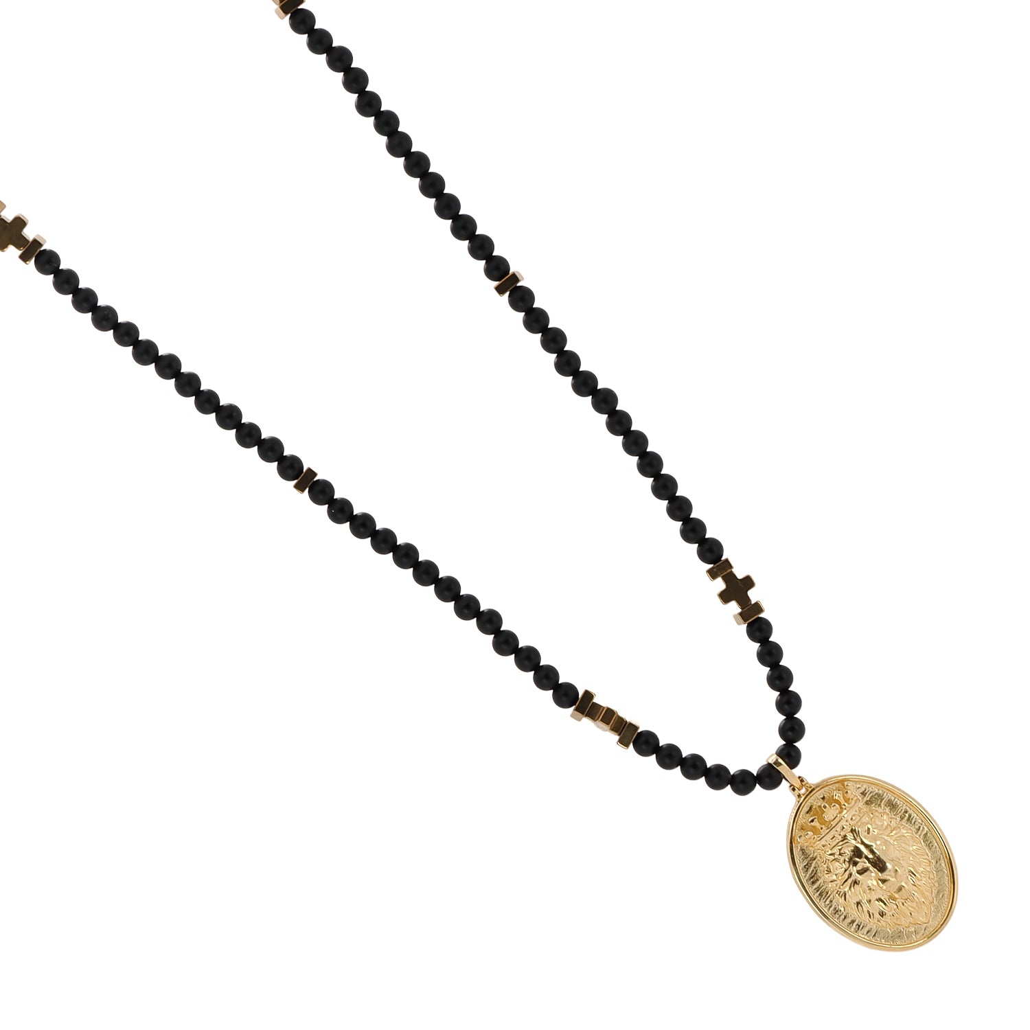 Sophisticated necklace featuring black onyx stones and a 24k gold-plated lion pendant, symbolizing leadership