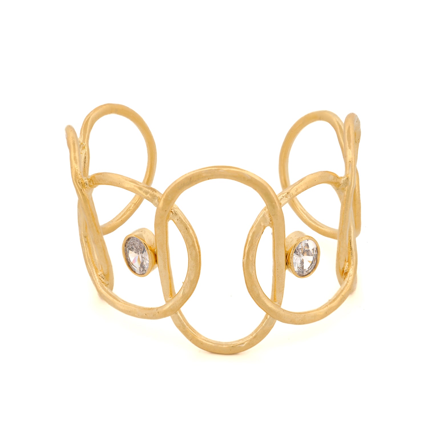 Bold 24k gold-plated brass cuff bracelet with two dazzling CZ diamonds, adjustable size for a perfect fit.