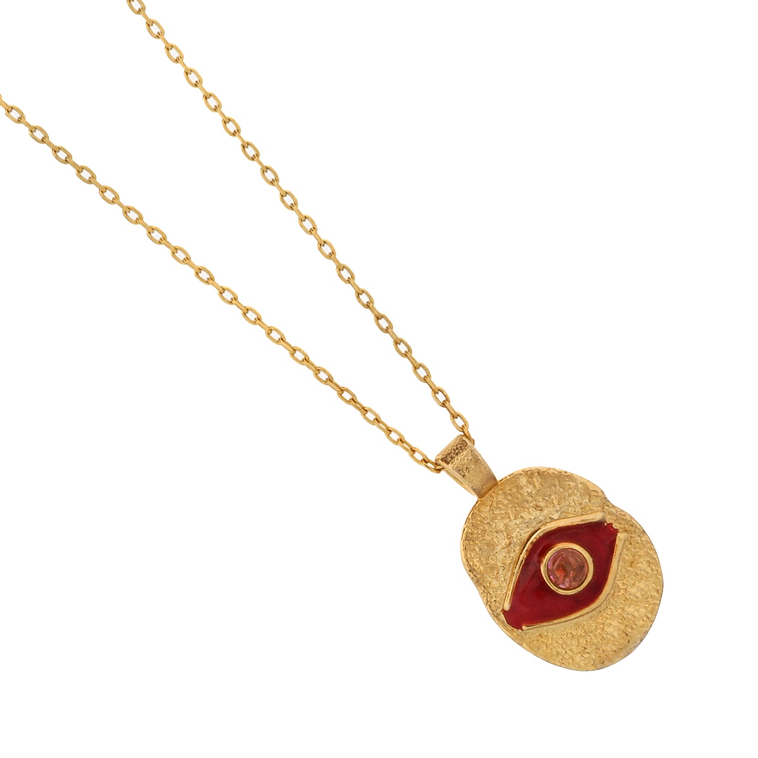 Red Enamel Evil Eye Necklace with Tourmaline Stone on Gold Chain