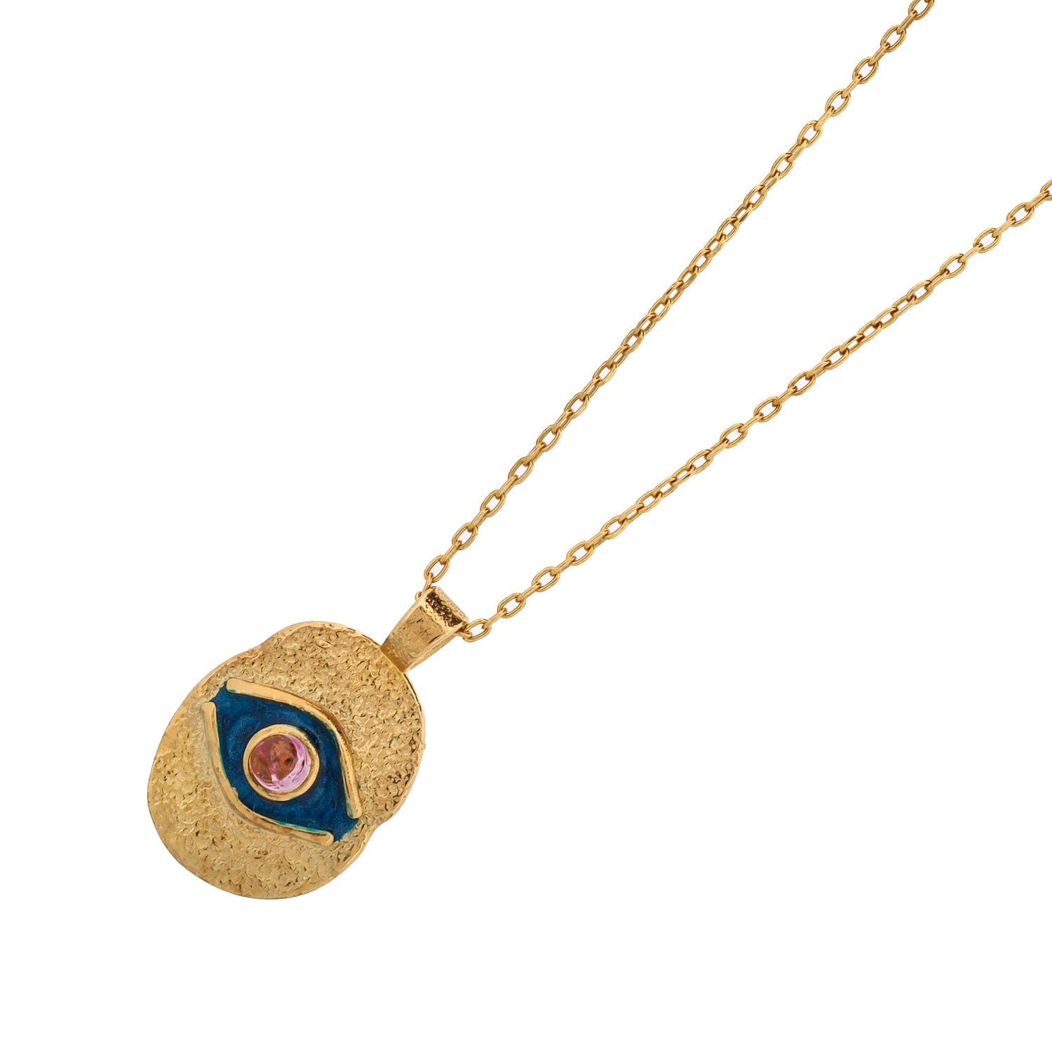 18K Gold Plated Necklace with Blue Enamel and Tourmaline Evil Eye