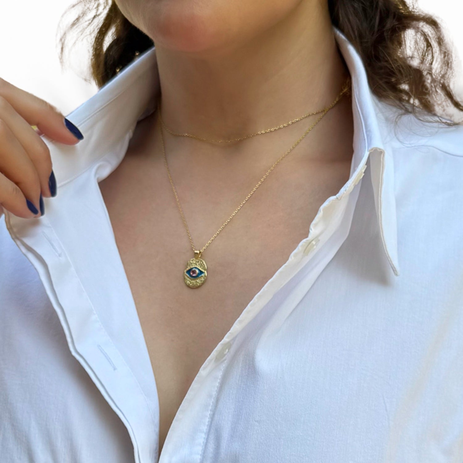 Elegant Blue Enamel Evil Eye Pendant Necklace with Tourmaline