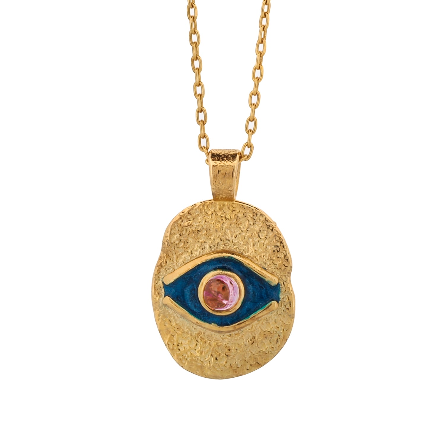 Blue Enamel Evil Eye Pendant Necklace with Tourmaline Stone