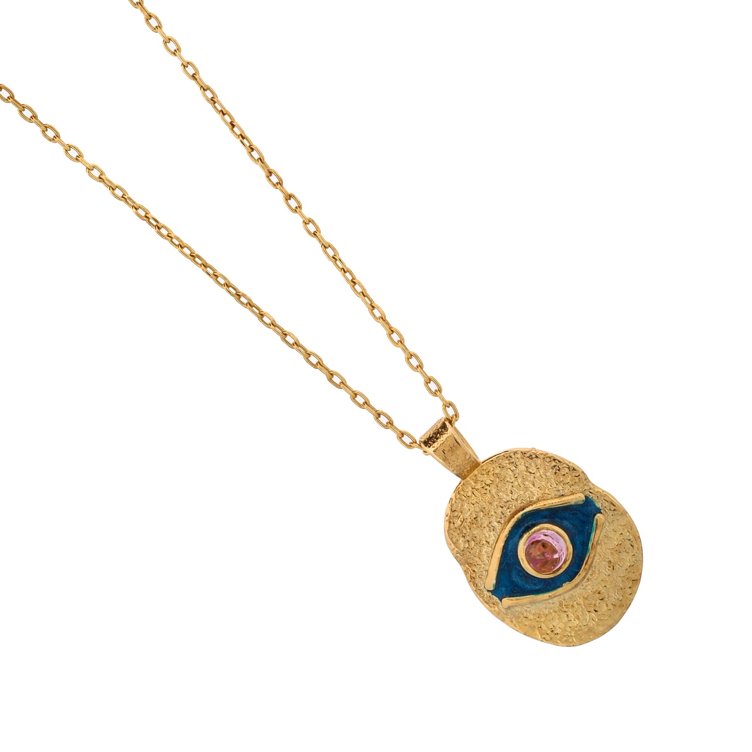 Blue Enamel Evil Eye Necklace with Tourmaline Stone on Gold Chain