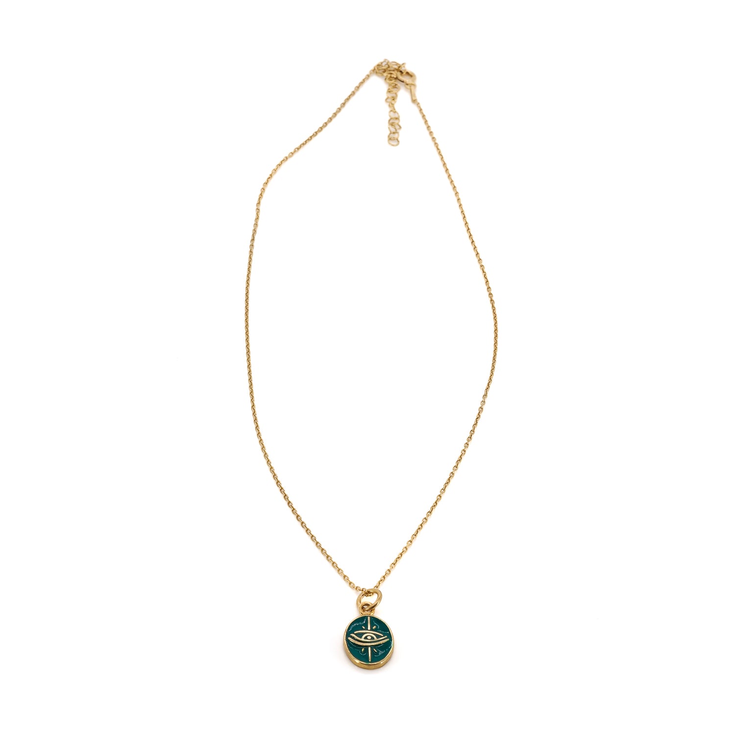 Elegant Gold Necklace with Green Enamel Evil Eye and Minimalist Design