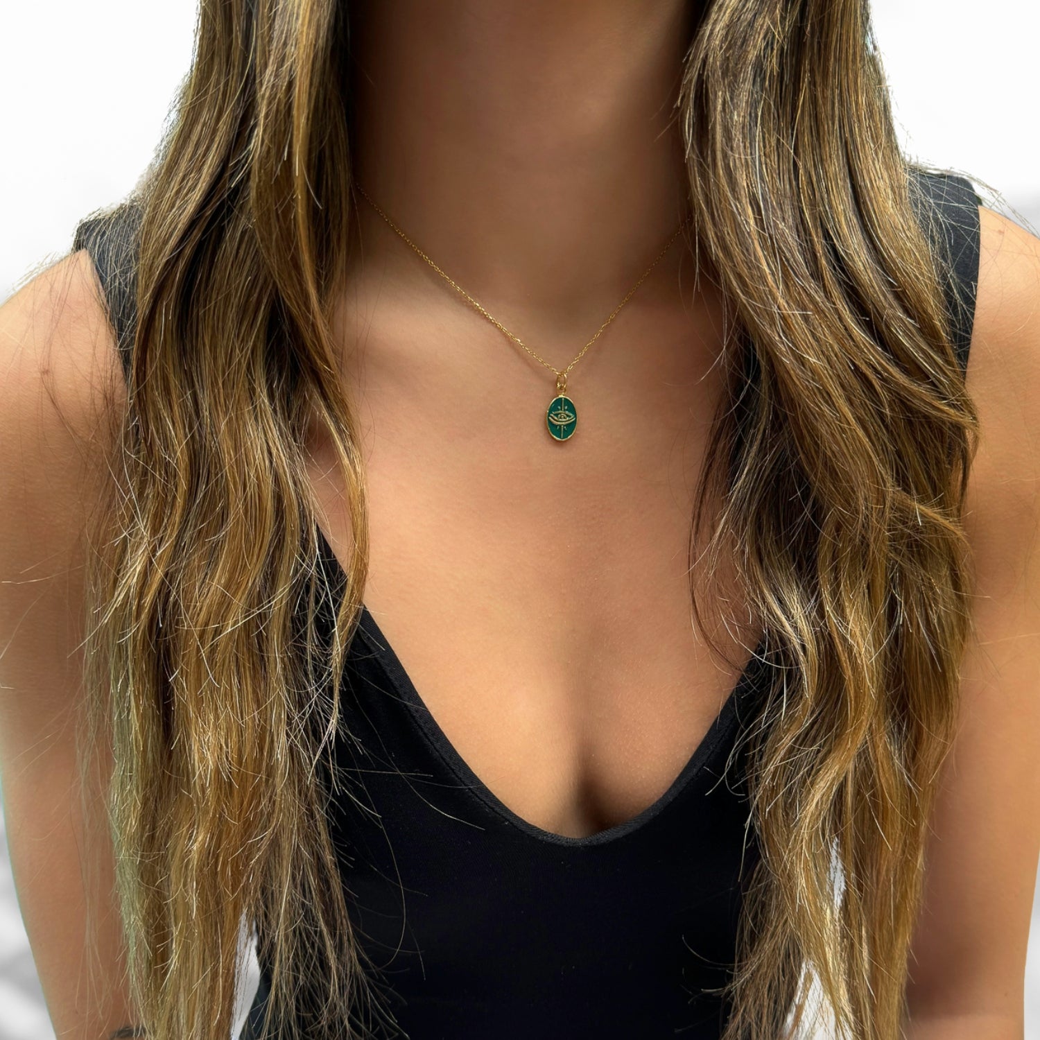 Minimalist Gold Necklace with Green Enamel Evil Eye Symbol
