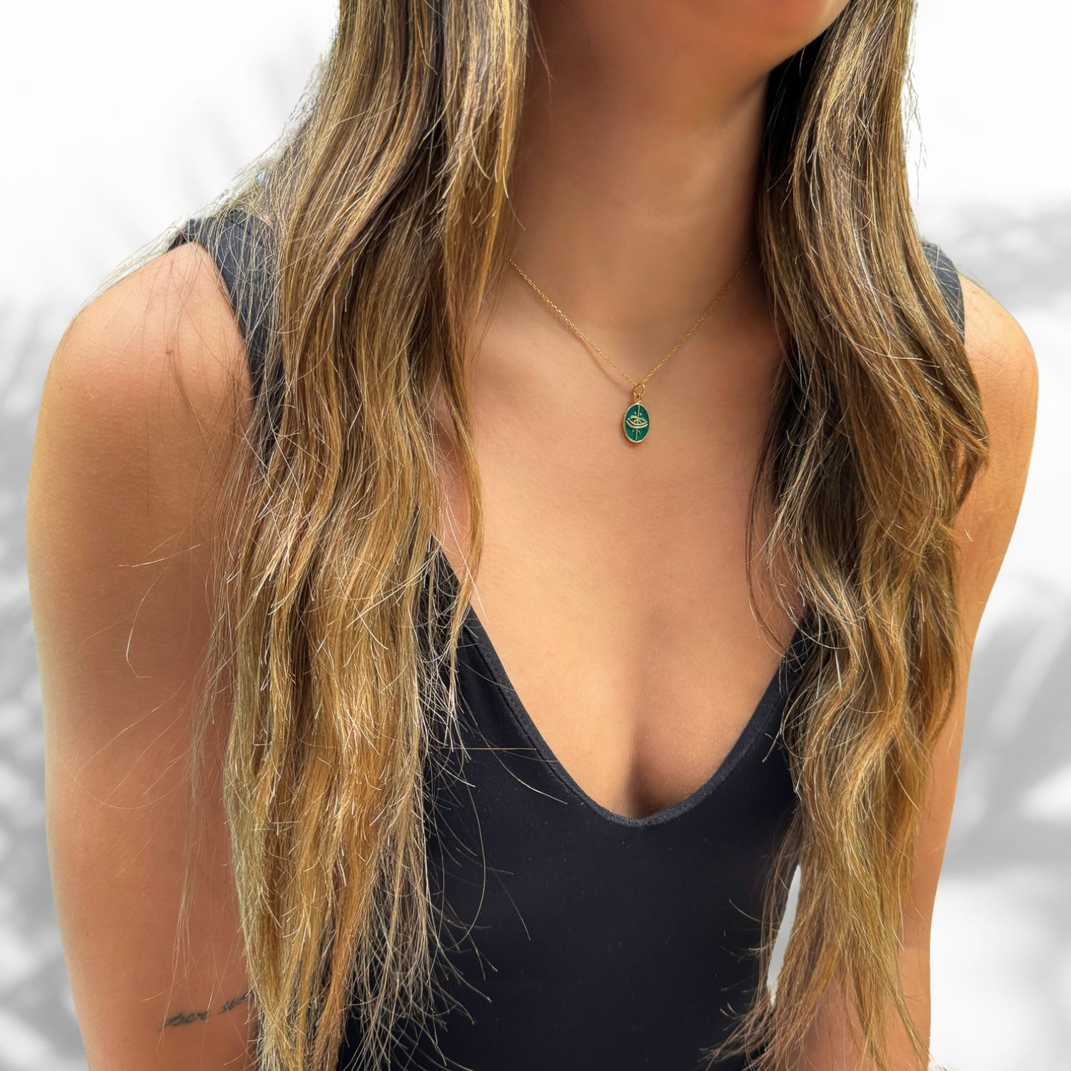 Handmade Gold Necklace with Green Enamel Evil Eye Protection