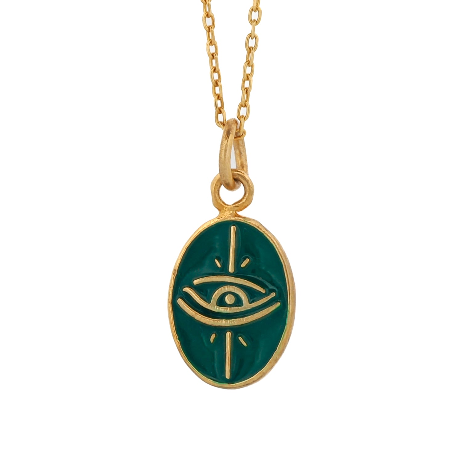 Gold Pendant Necklace with Green Enamel Evil Eye
