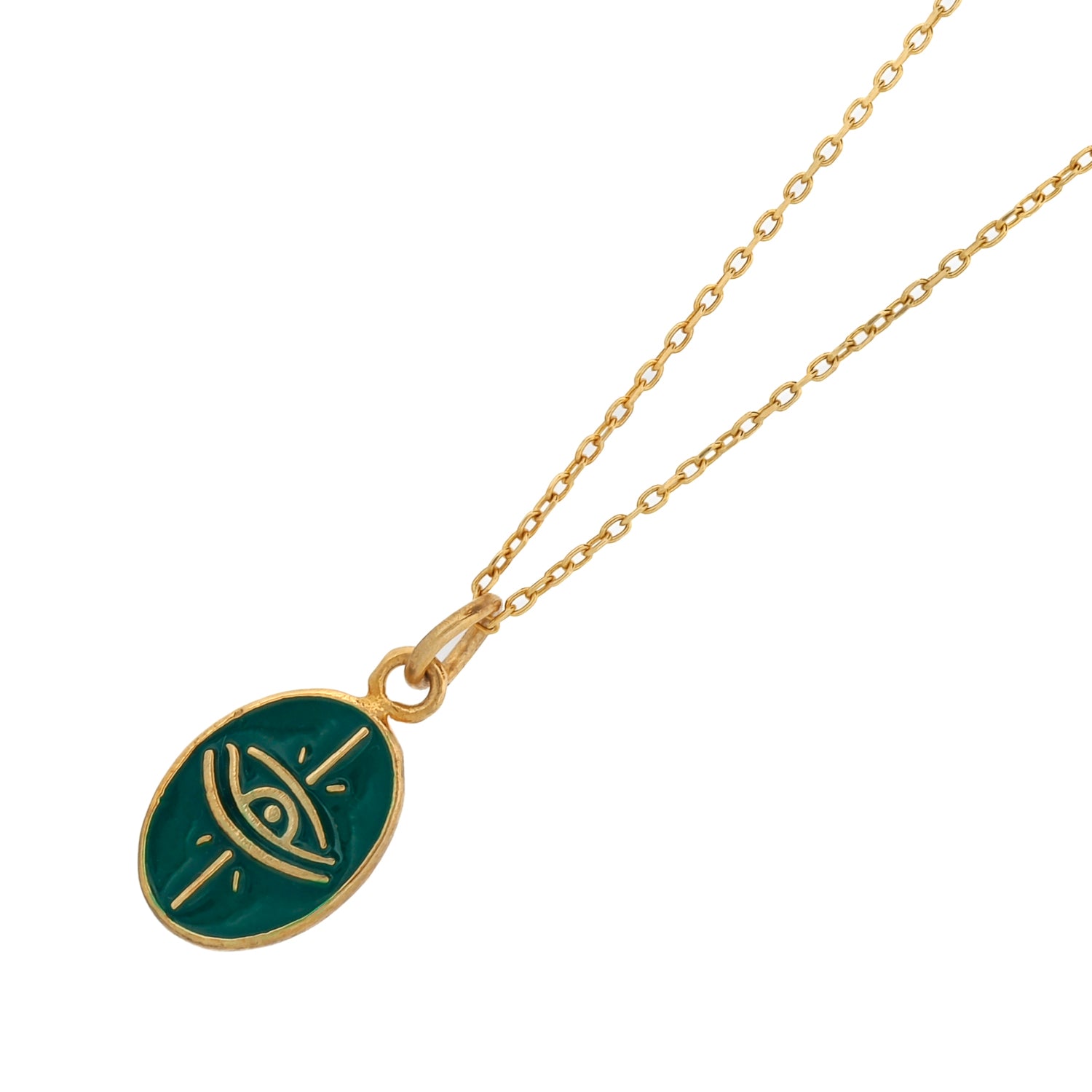 18K Gold Plated Sterling Silver Necklace with Green Enamel Evil Eye