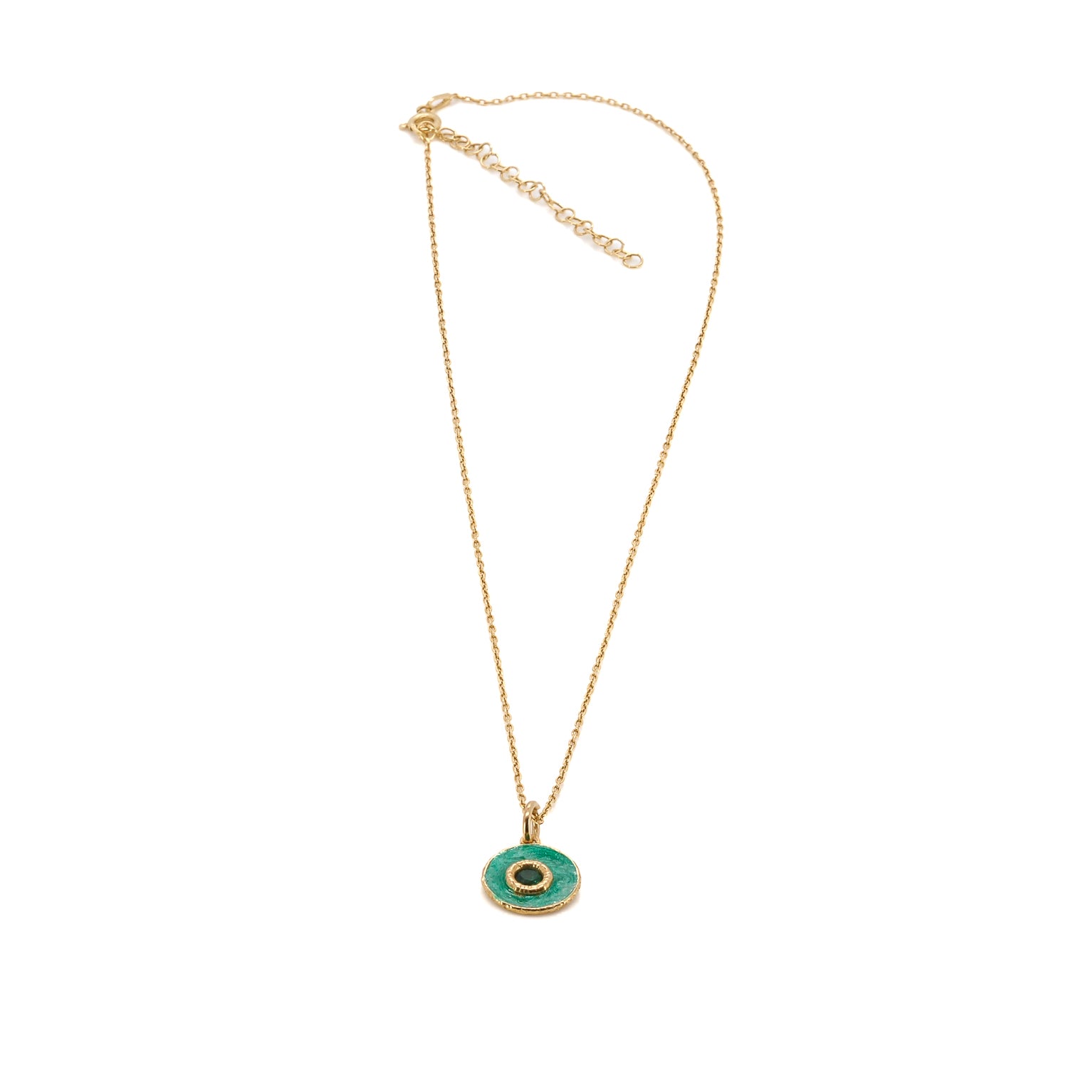 handmade green enamel and jade stone evil eye necklace with 18K gold-plated sterling silver