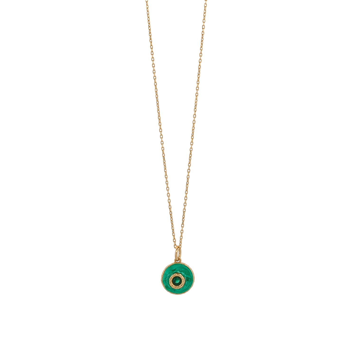 18K gold-plated evil eye necklace featuring green enamel and jade stone pendant