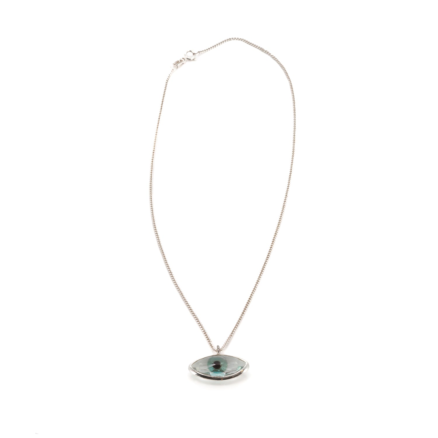 Minimalist Necklace with Green Glass and Sterling Silver Evil Eye.