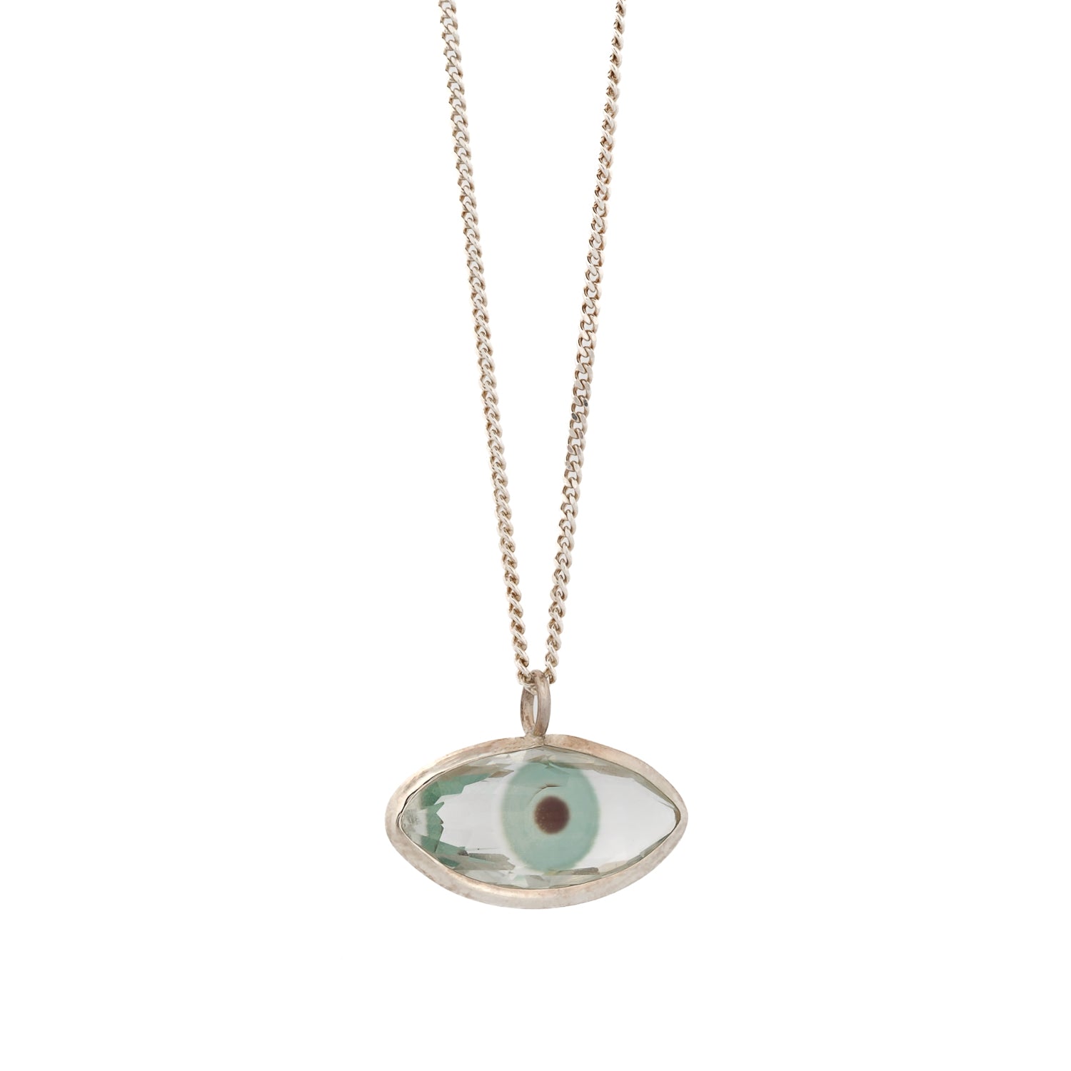 Handmade Sterling Silver Necklace with Protective Green Evil Eye.