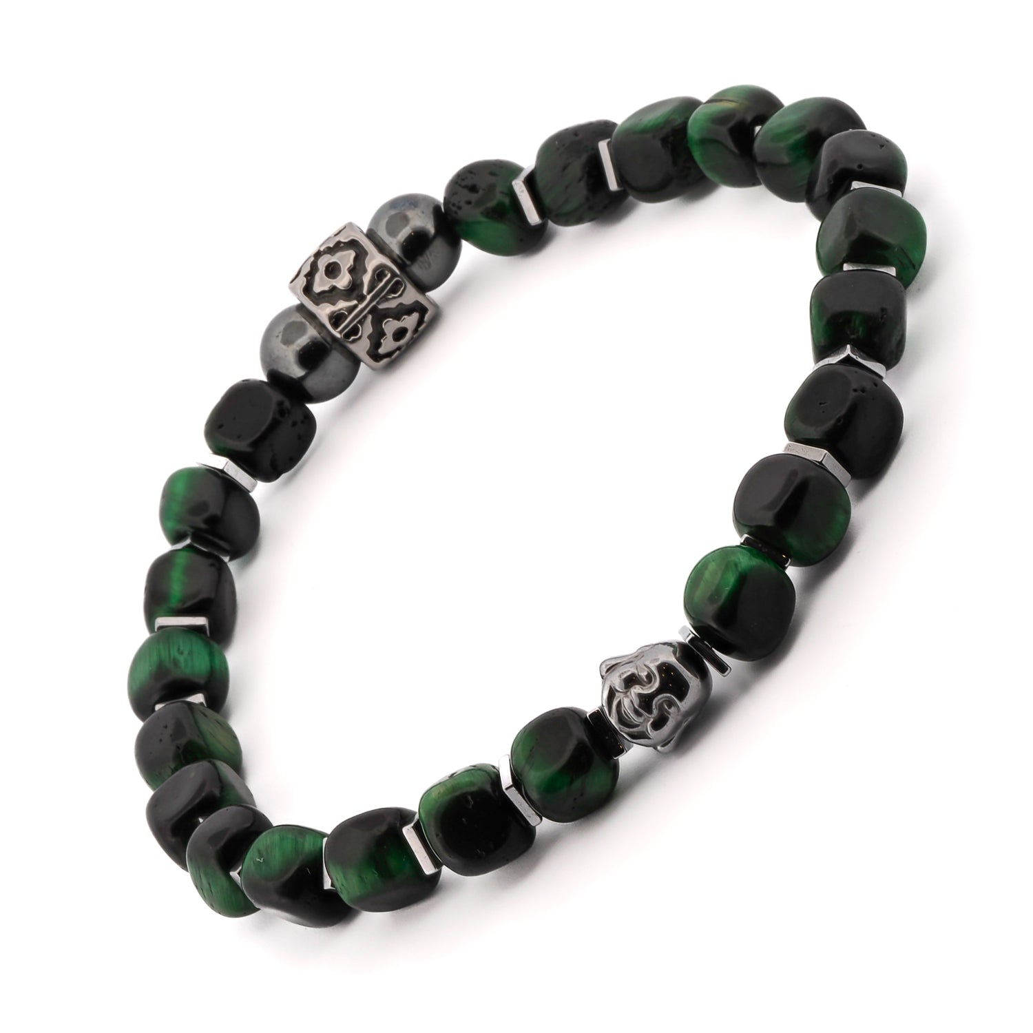 Meaningful and Sophisticated Green Tiger's Eye Bracelet with a silver hematite Buddha bead for inner peace