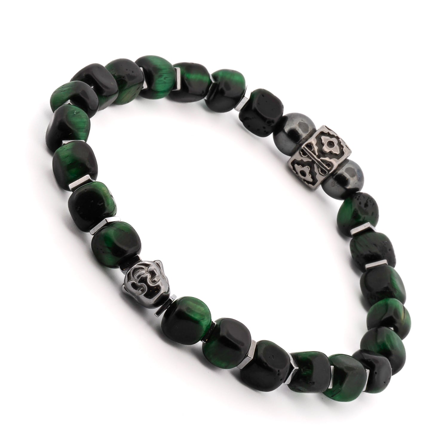 Bold Green Tiger's Eye Stone Bracelet for Men with an 8mm bead size and a spiritual Buddha charm in the center