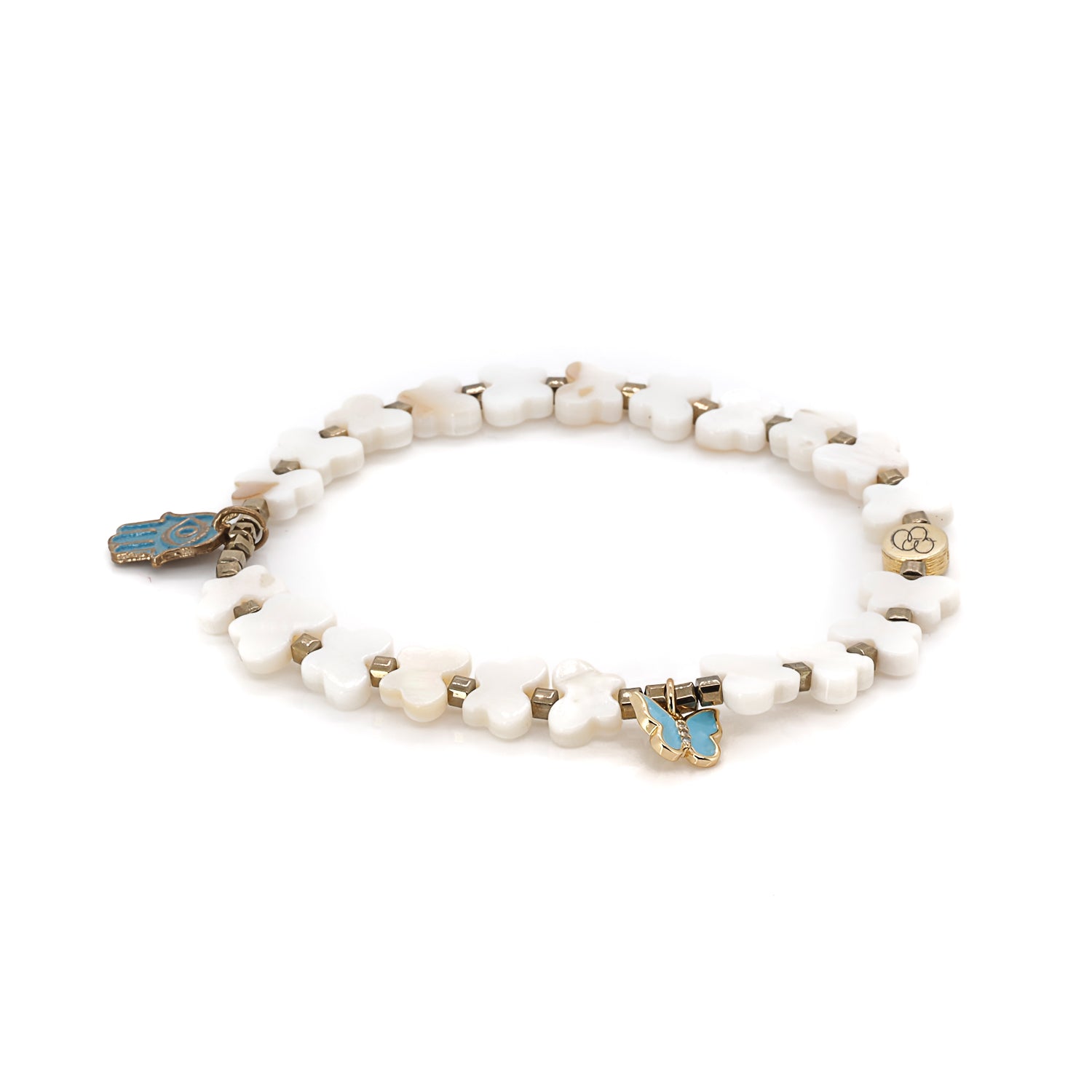 Beaded anklet with blue enamel evil eye Hamsa and butterfly charms.