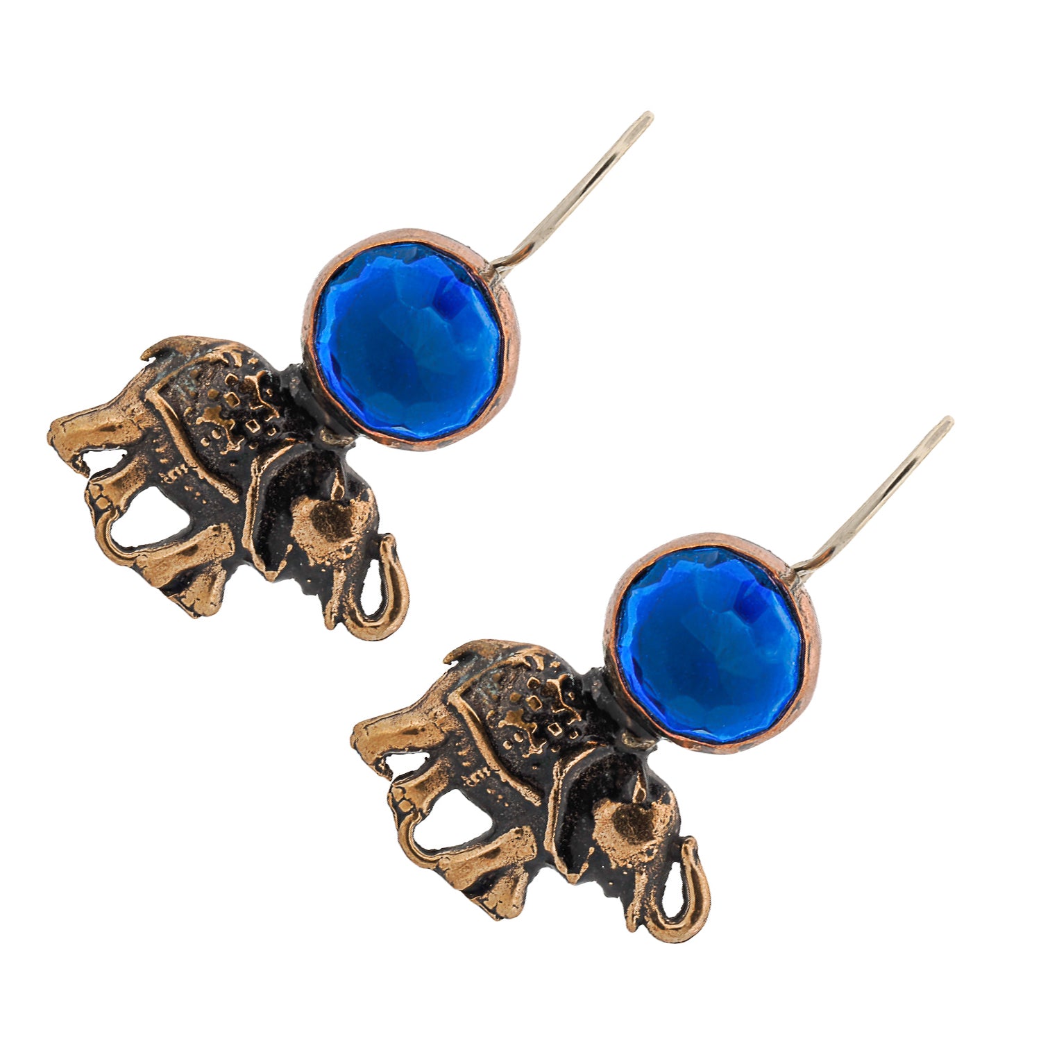 Elephant Earrings, handcrafted with bronze charms and sapphire gemstones, a fusion of art and symbolism.