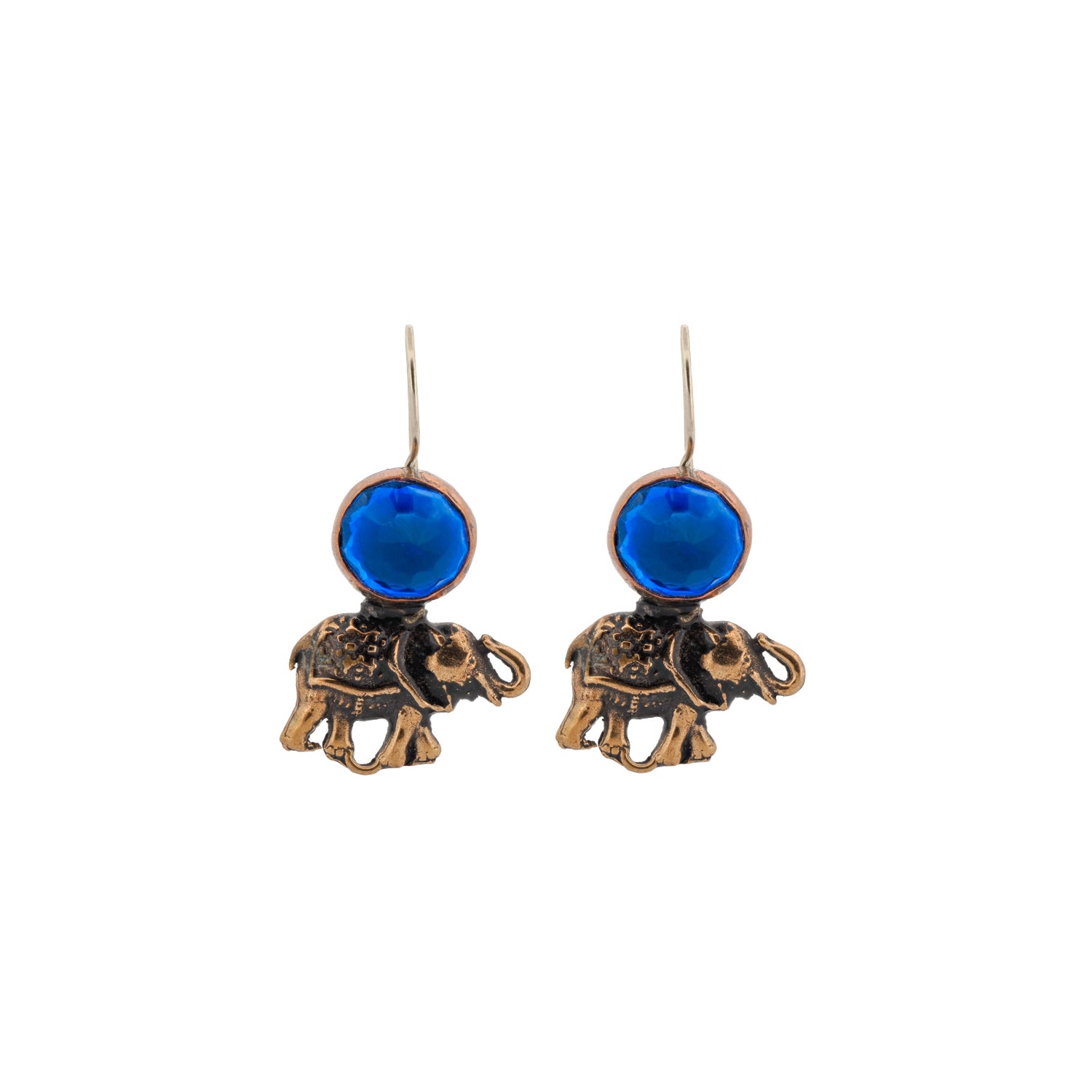 Handmade Unique Elephant Earrings with sapphire gemstones and bronze charms, symbolizing wisdom and good fortune.