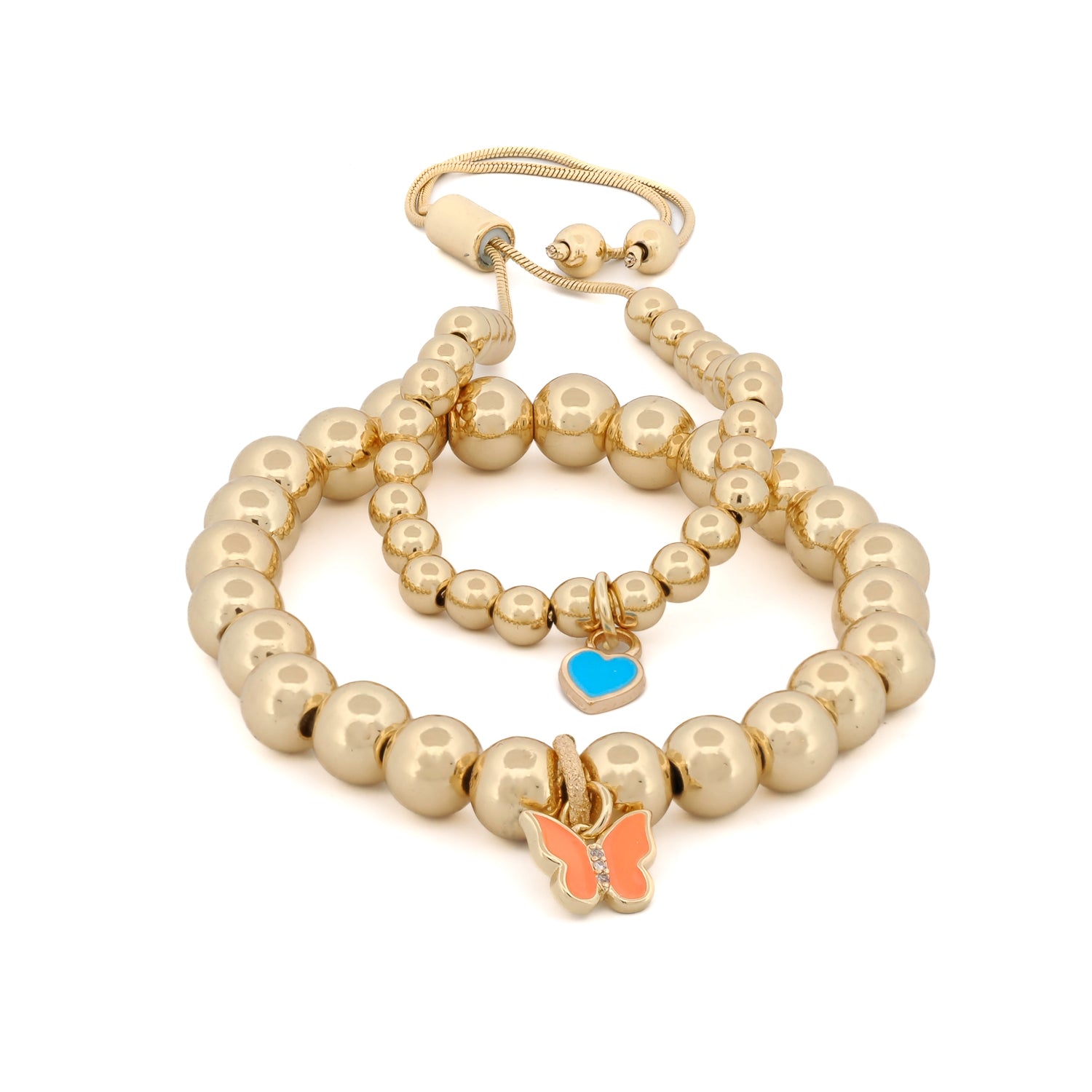 Joyful Orange Butterfly & Blue Heart Charm Bracelet Set