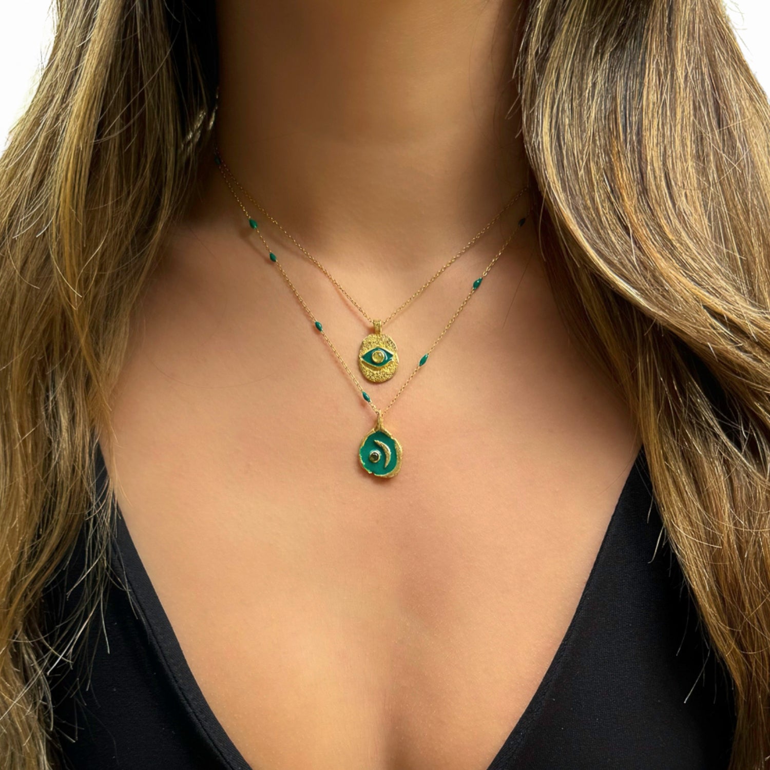 Gold Pendant Necklace with Green Enamel Evil Eye and Tourmaline Stone