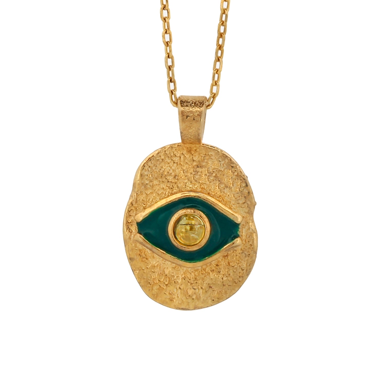 Gold Chain Necklace with Green Enamel Evil Eye Pendant