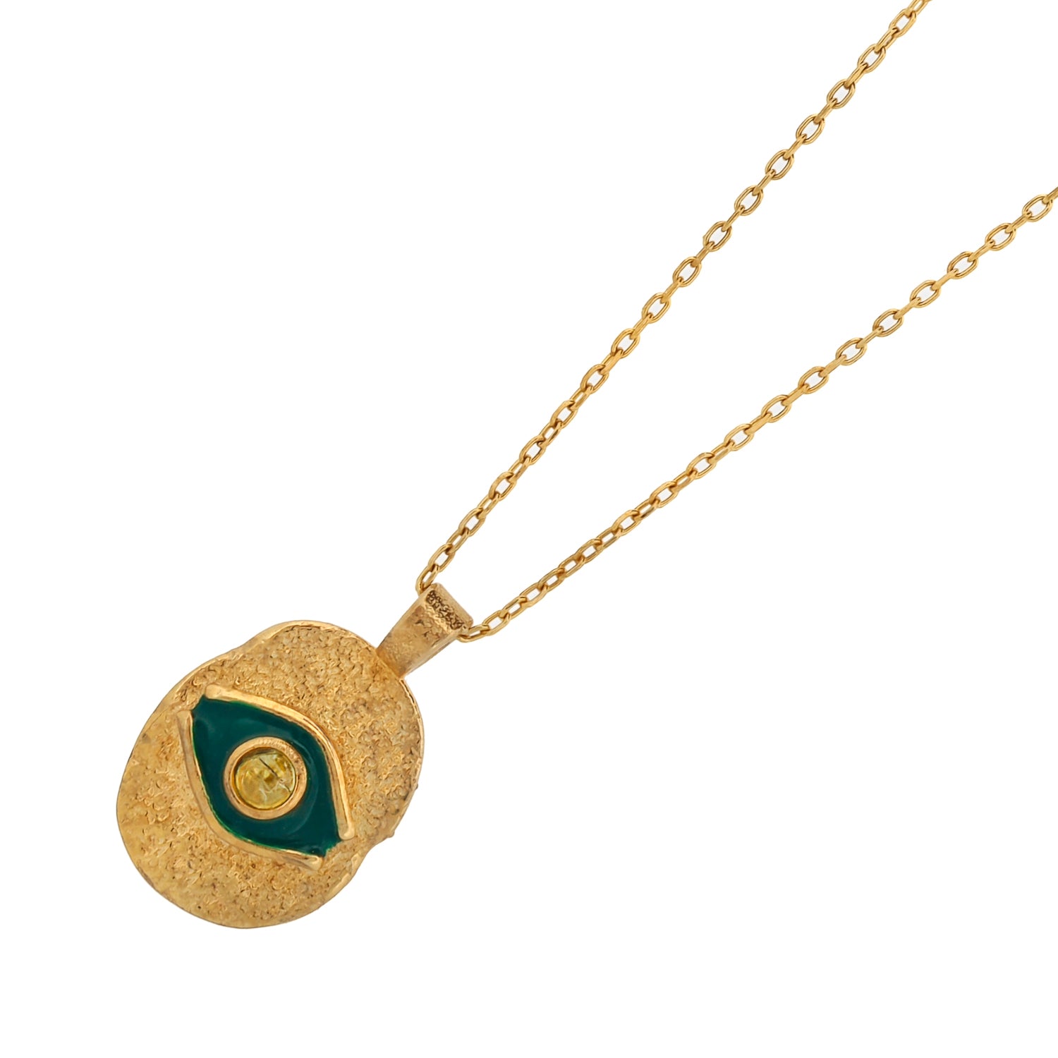 Handmade Green Enamel and Tourmaline Evil Eye Necklace