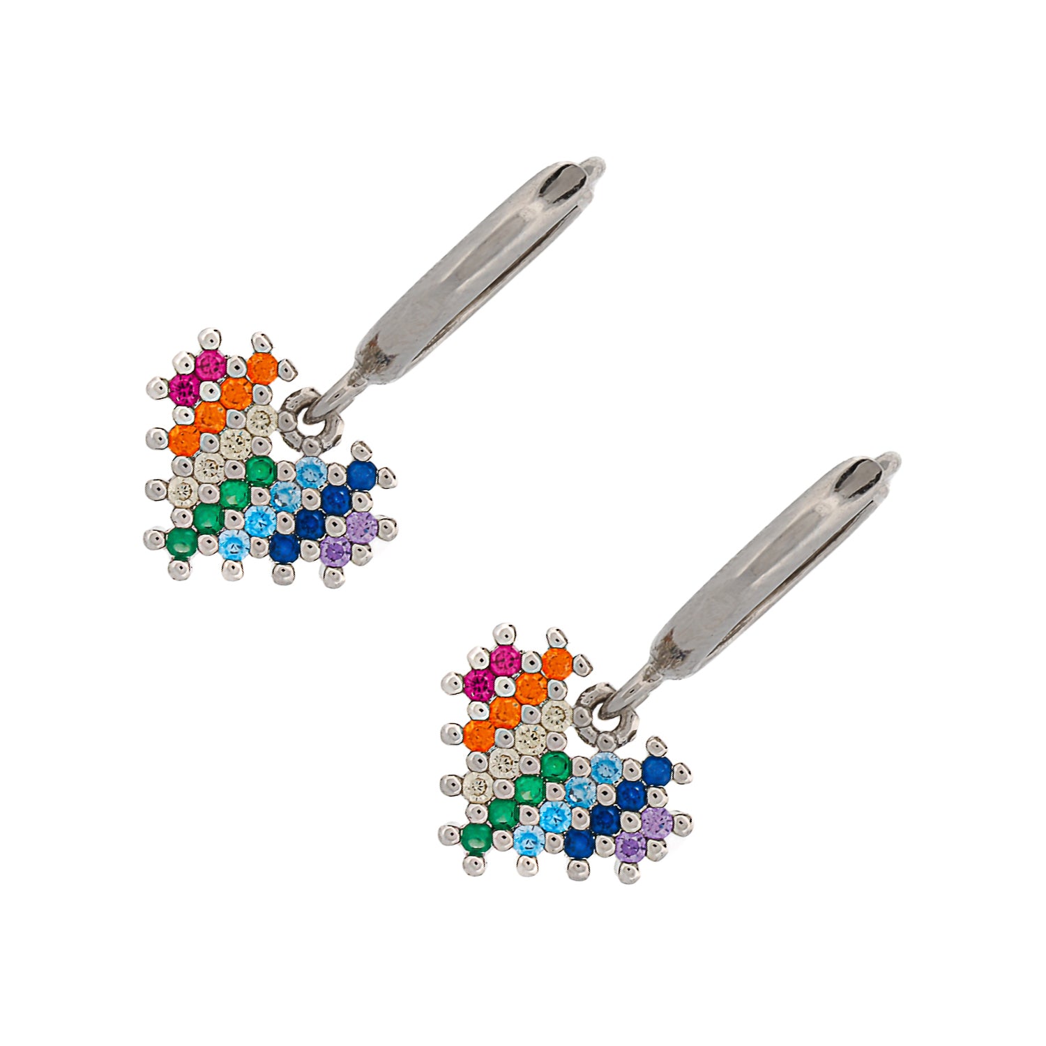 Handmade 18K white gold-plated earrings with rainbow heart design