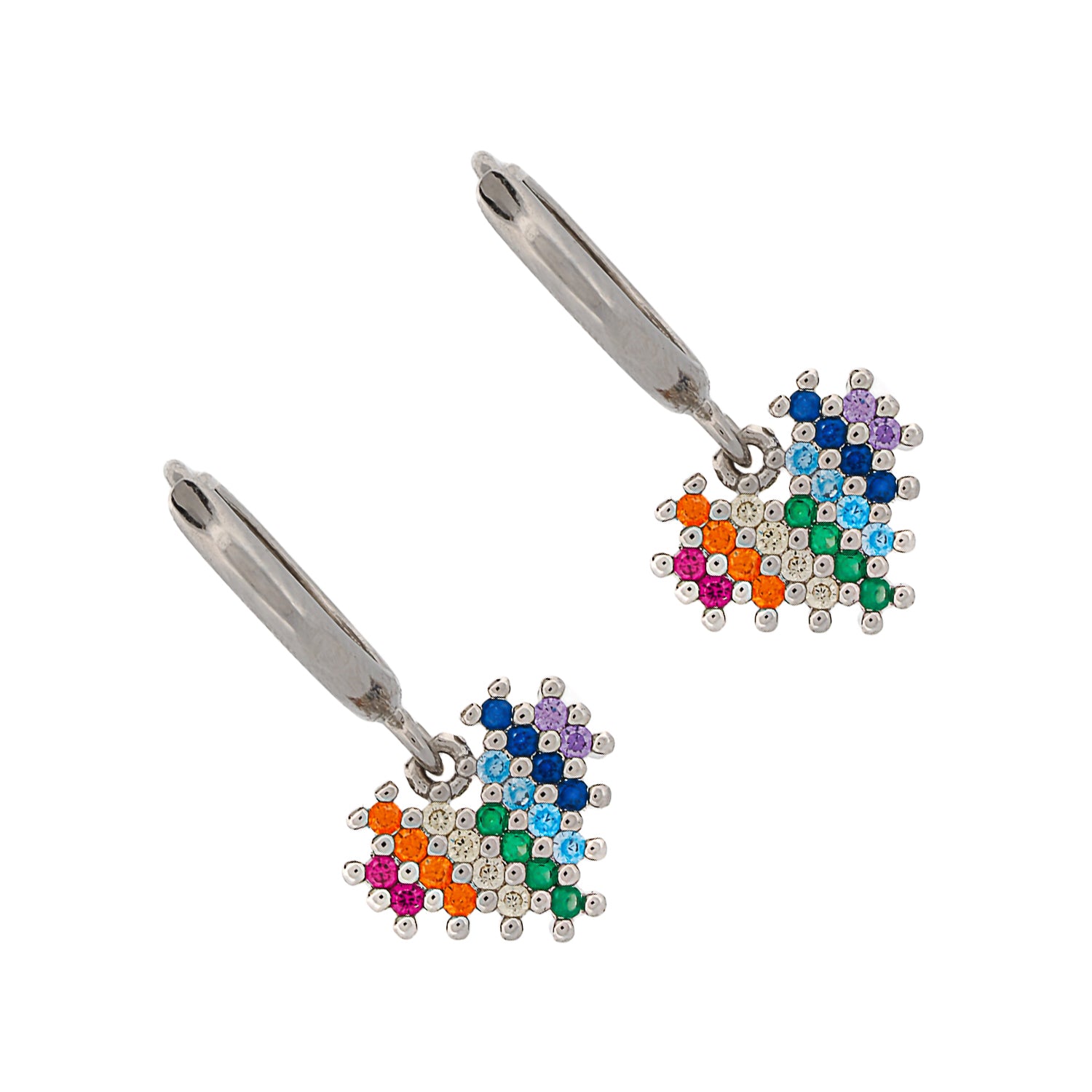 Colorful silver earrings with multicolor gemstones arranged in heart shape
