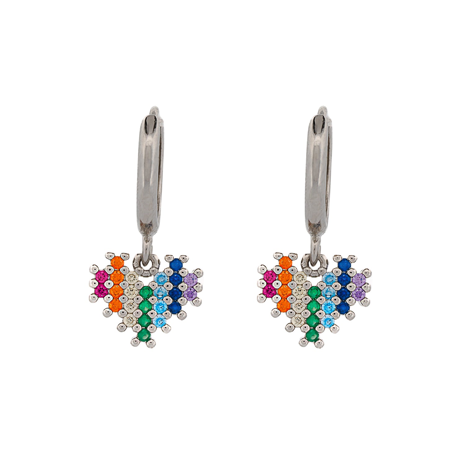 18K white gold-plated brass earrings adorned with a rainbow of heart-shaped gemstones