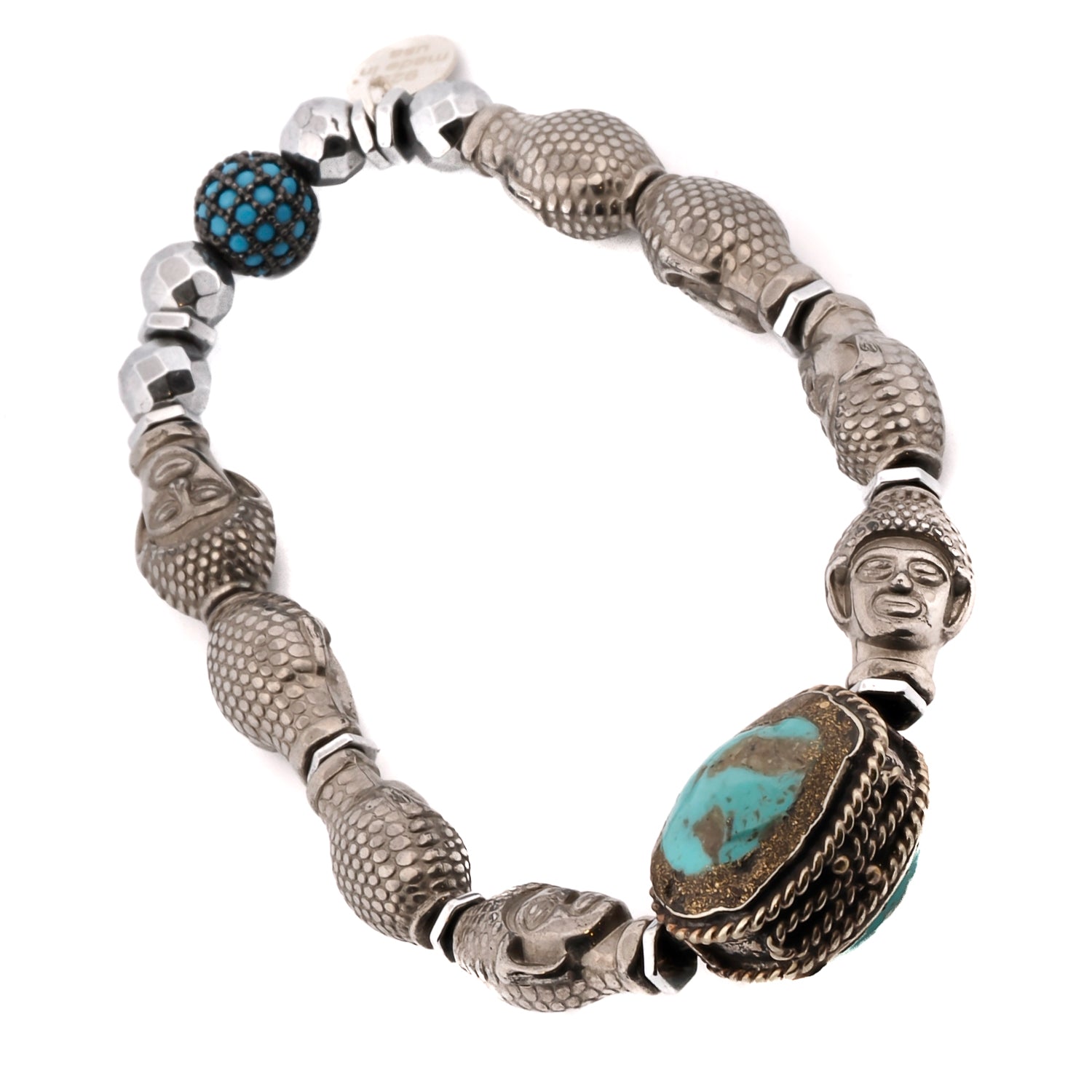 Close-up of Buddha-shaped hematite beads and handcrafted Nepal silver accents