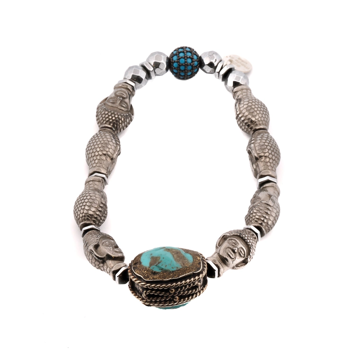 Hematite Buddha beads and turquoise silver bracelet with Nepal accents on white background