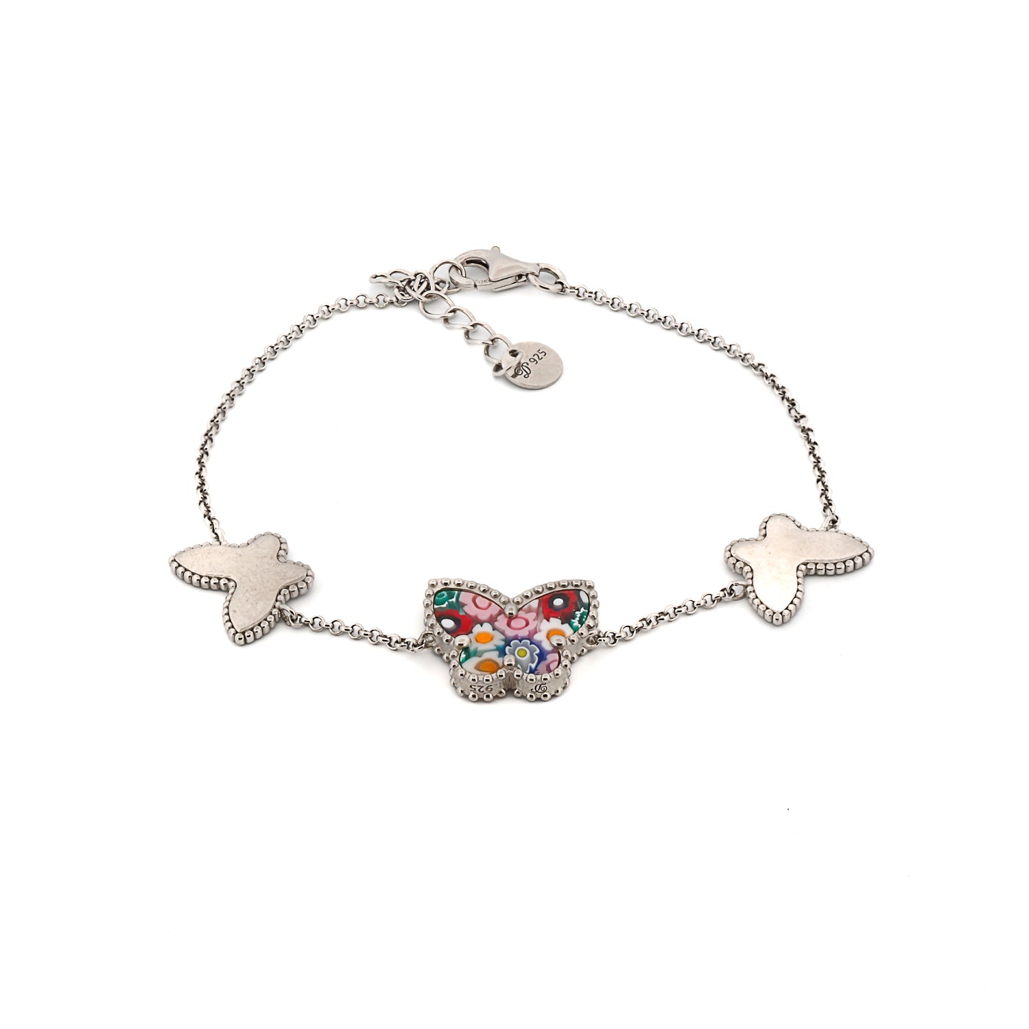 Sterling silver bracelet with Murano glass butterfly charm and CZ diamonds