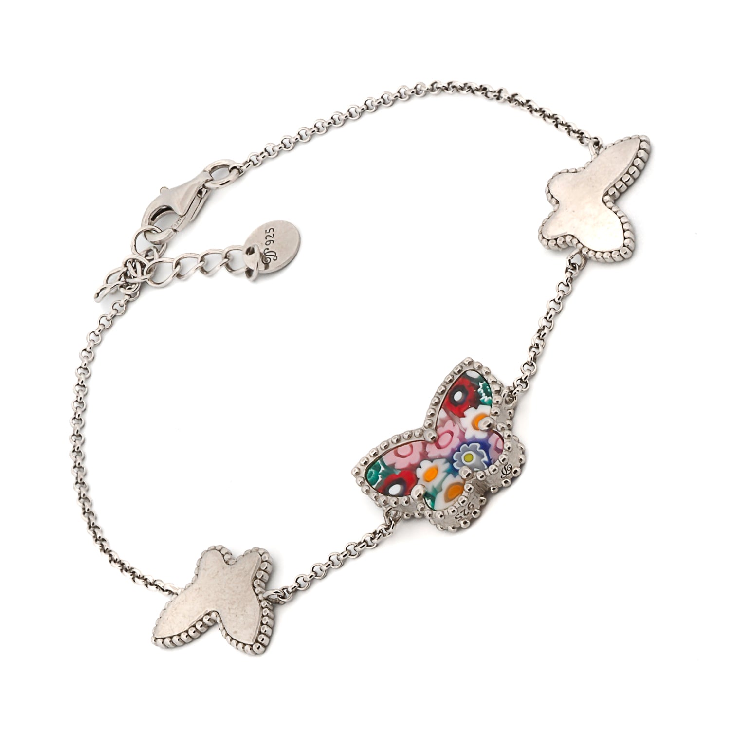925 sterling silver bracelet with adjustable size and Murano glass butterfly charm