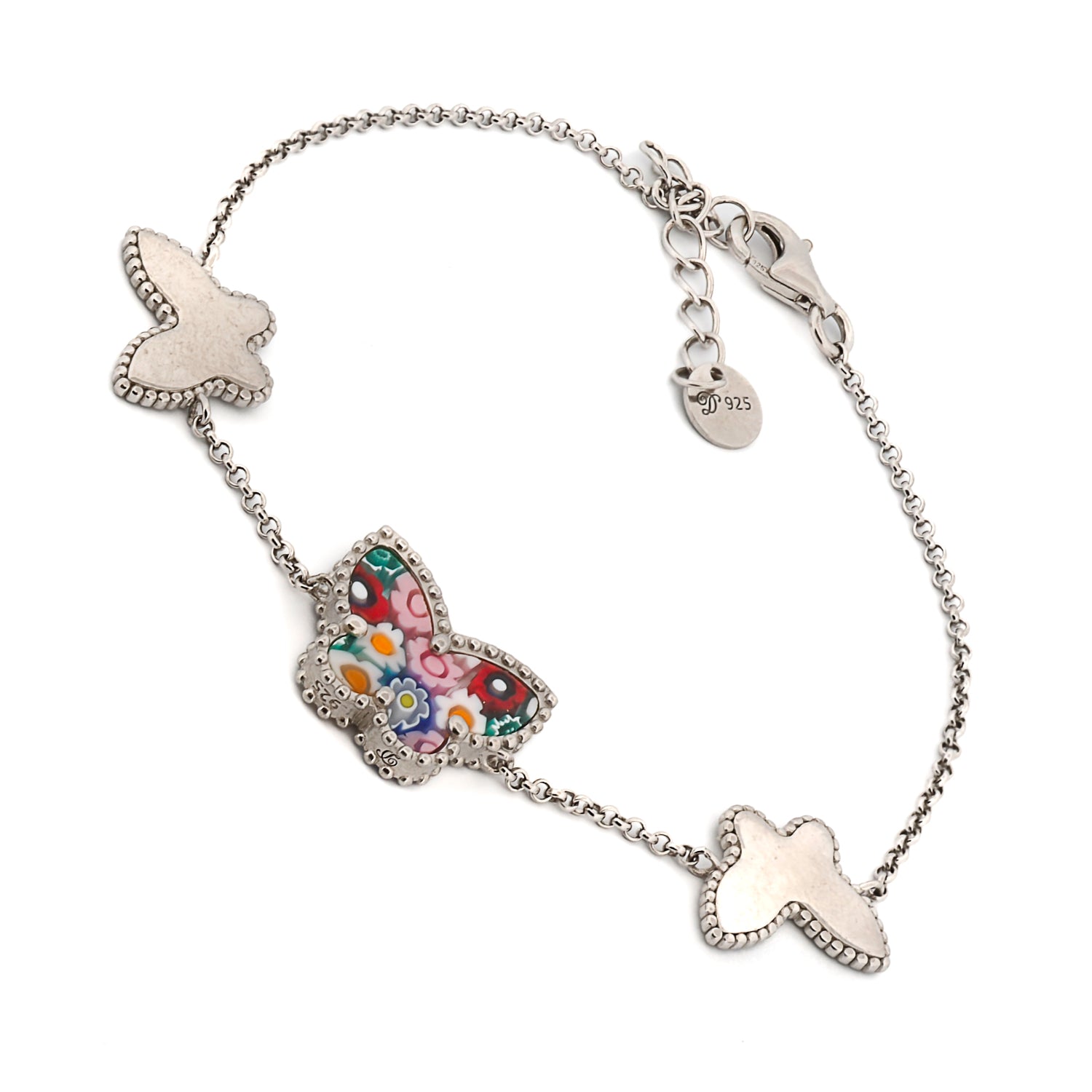 Sterling silver bracelet with butterfly charm made from Murano glass and CZ diamonds