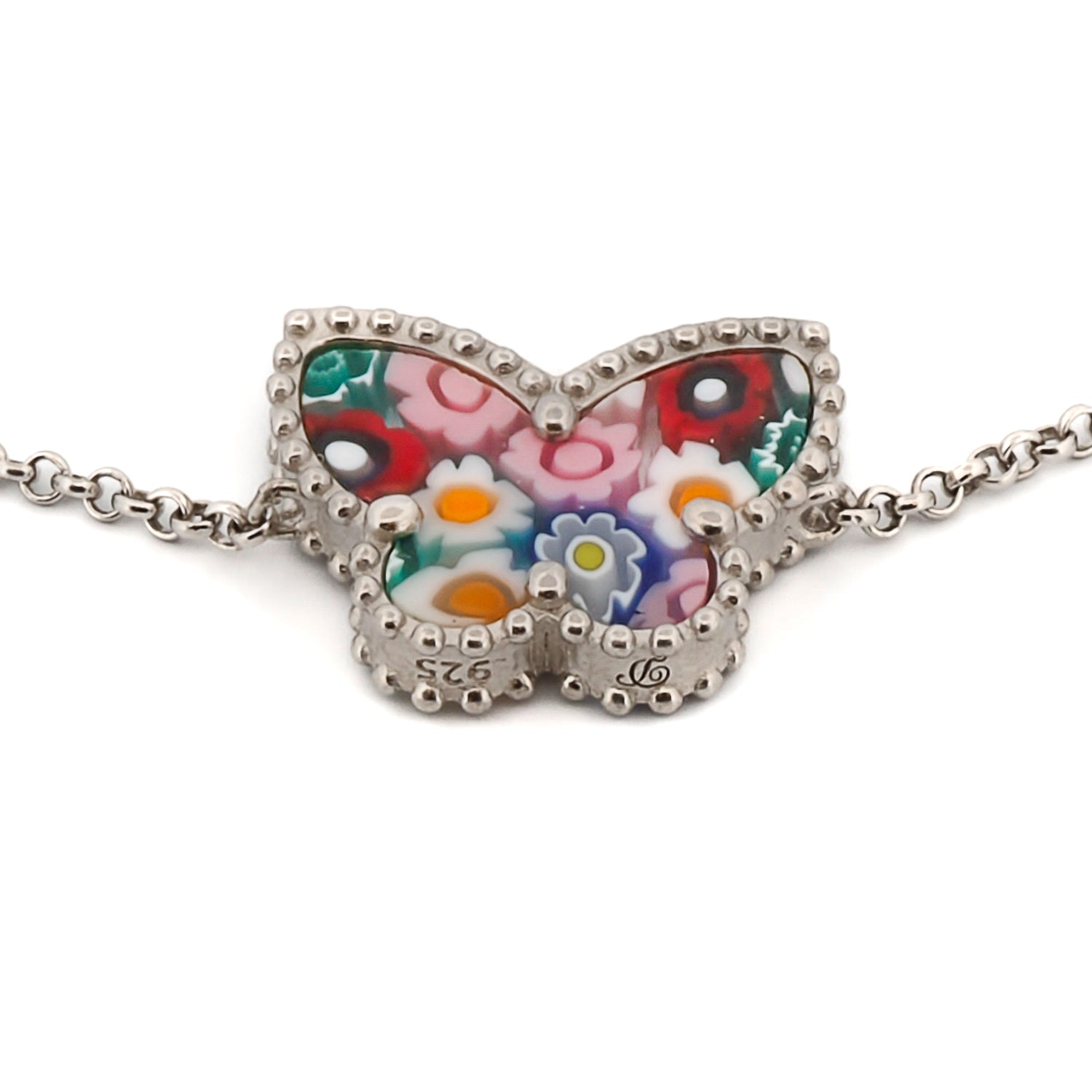 Handmade sterling silver bracelet featuring a Murano glass butterfly with CZ diamonds