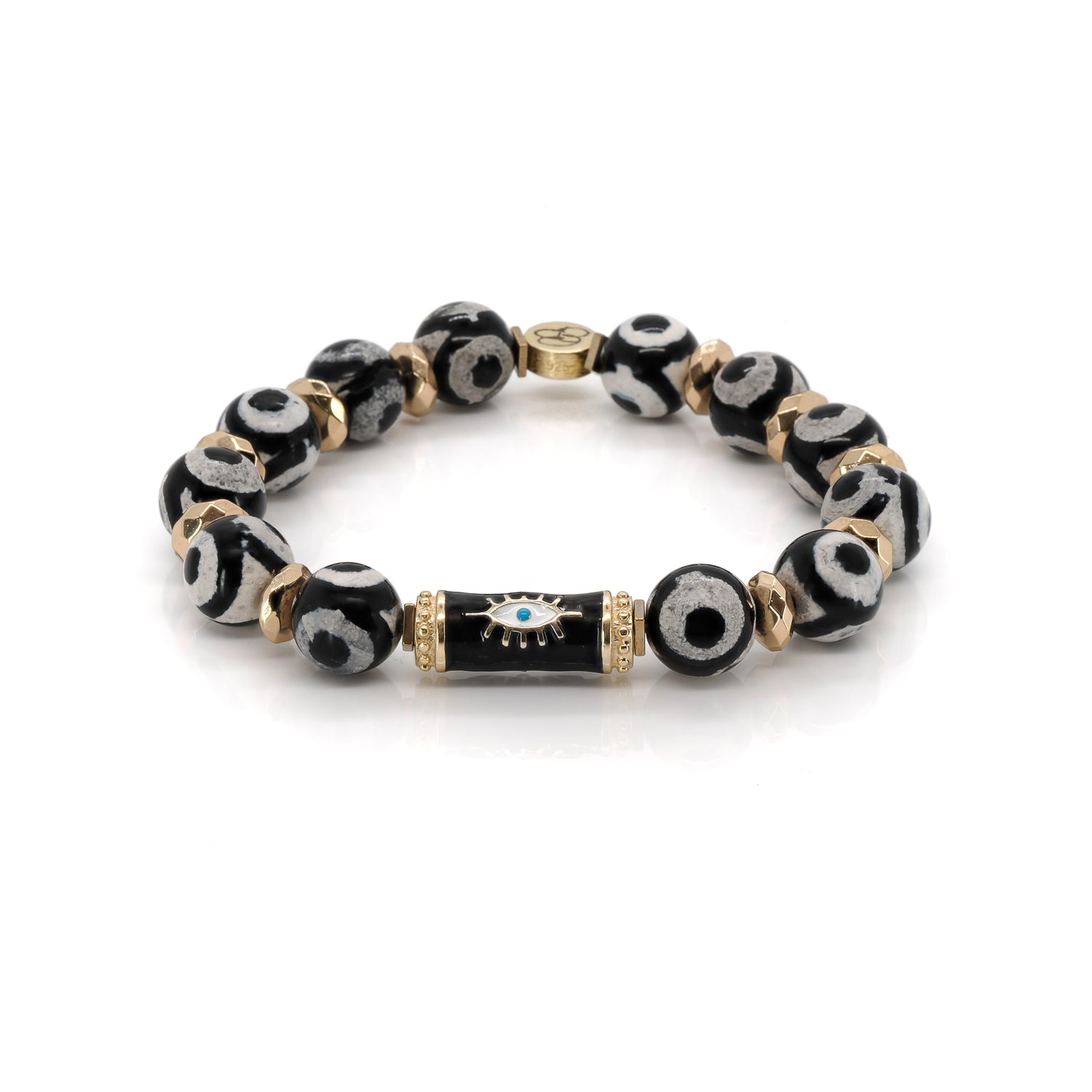 black and white enamel evil eye bracelet with 18K gold-plated sterling silver beads