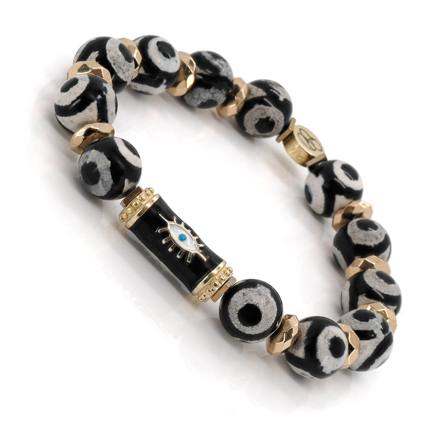 handmade bracelet with black evil eye bead, 18K gold-plated silver, and gold hematite spacers