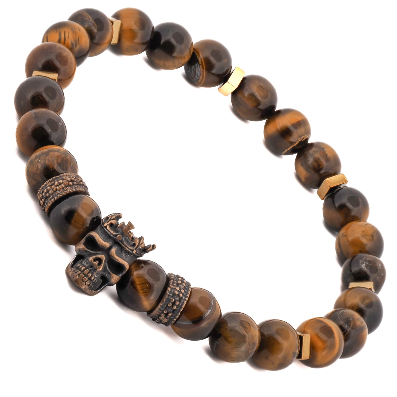 Handmade stretch bracelet with tiger’s eye gemstones and symbolic king skull bead.