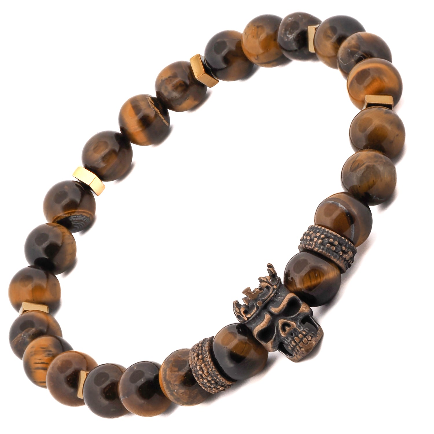 Masculine bracelet with protective tiger’s eye, bronze spacers, and royal skull charm.