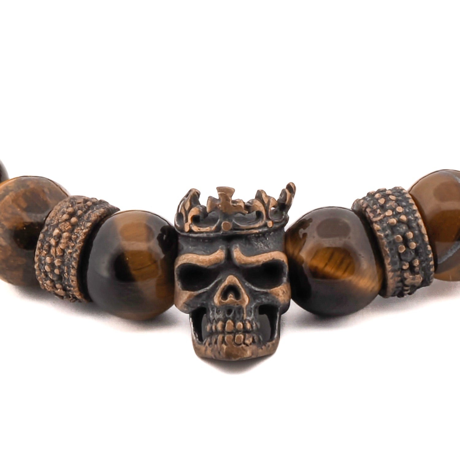 King skull bracelet for men crafted with earthy tiger’s eye beads and bronze accents.