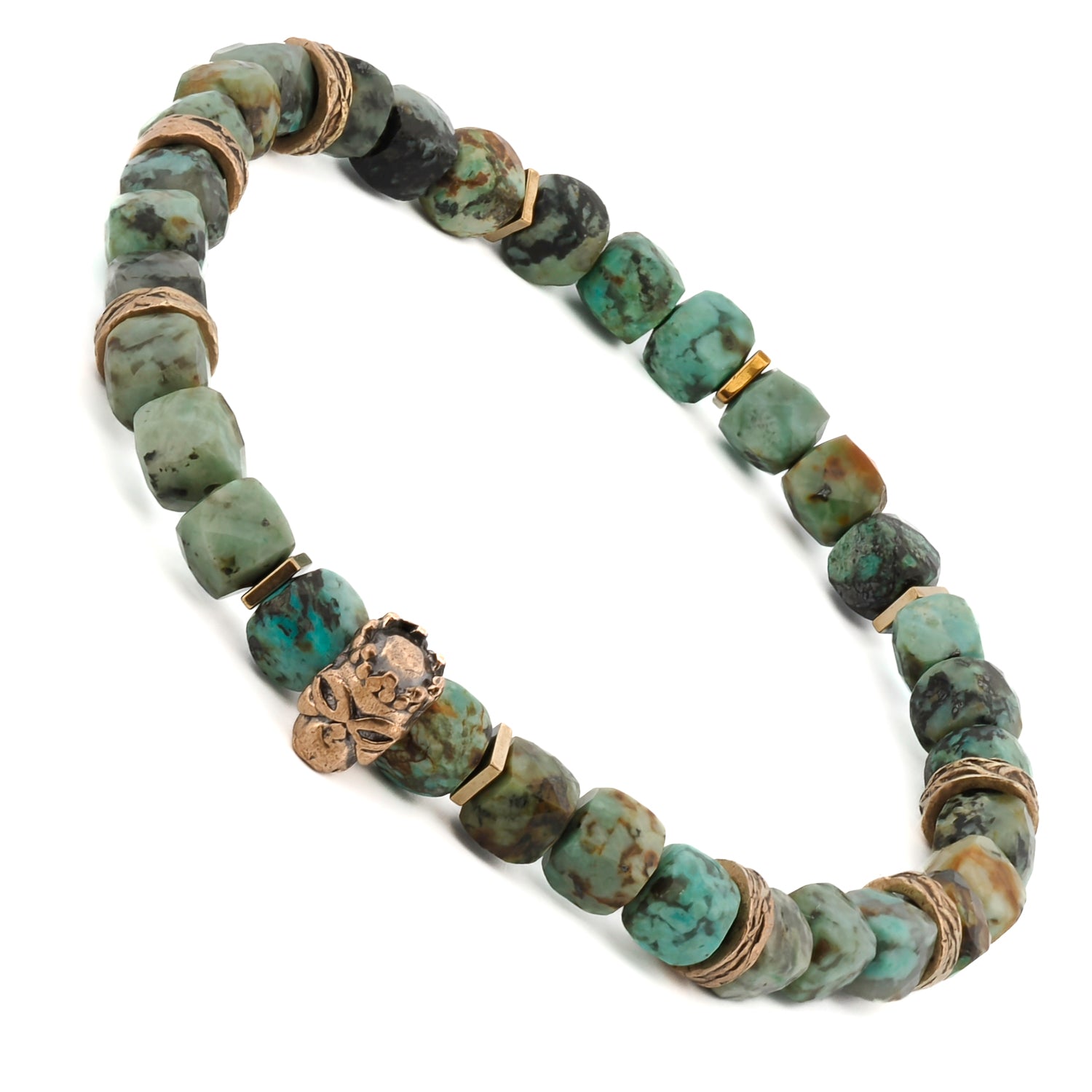 Good Fortune Turquoise Stone Bracelet with King Skull Charm, Apatite Stone Beads, Bronze Accent Beads