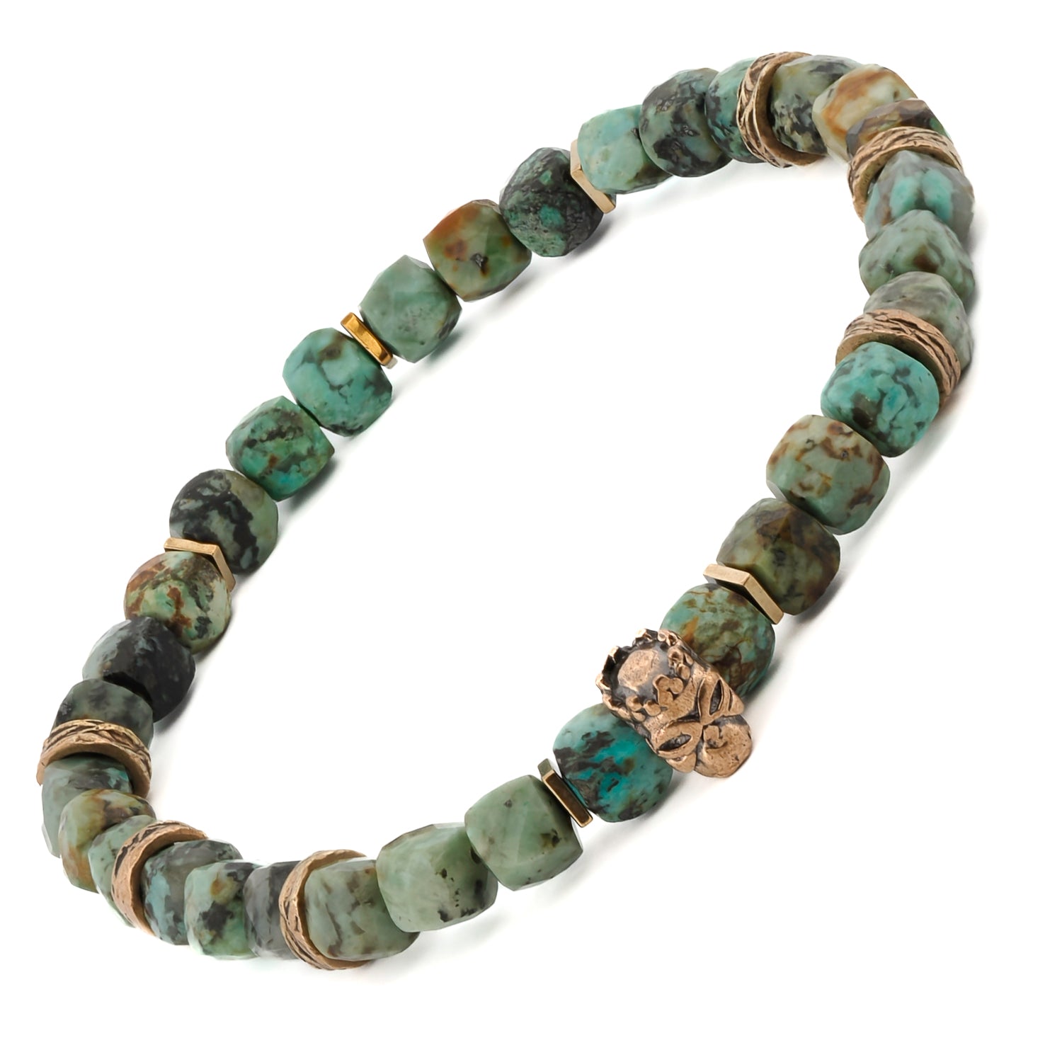 Men's King Skull Turquoise Stone Bracelet with Apatite Stone Beads, Bronze Accent Beads
