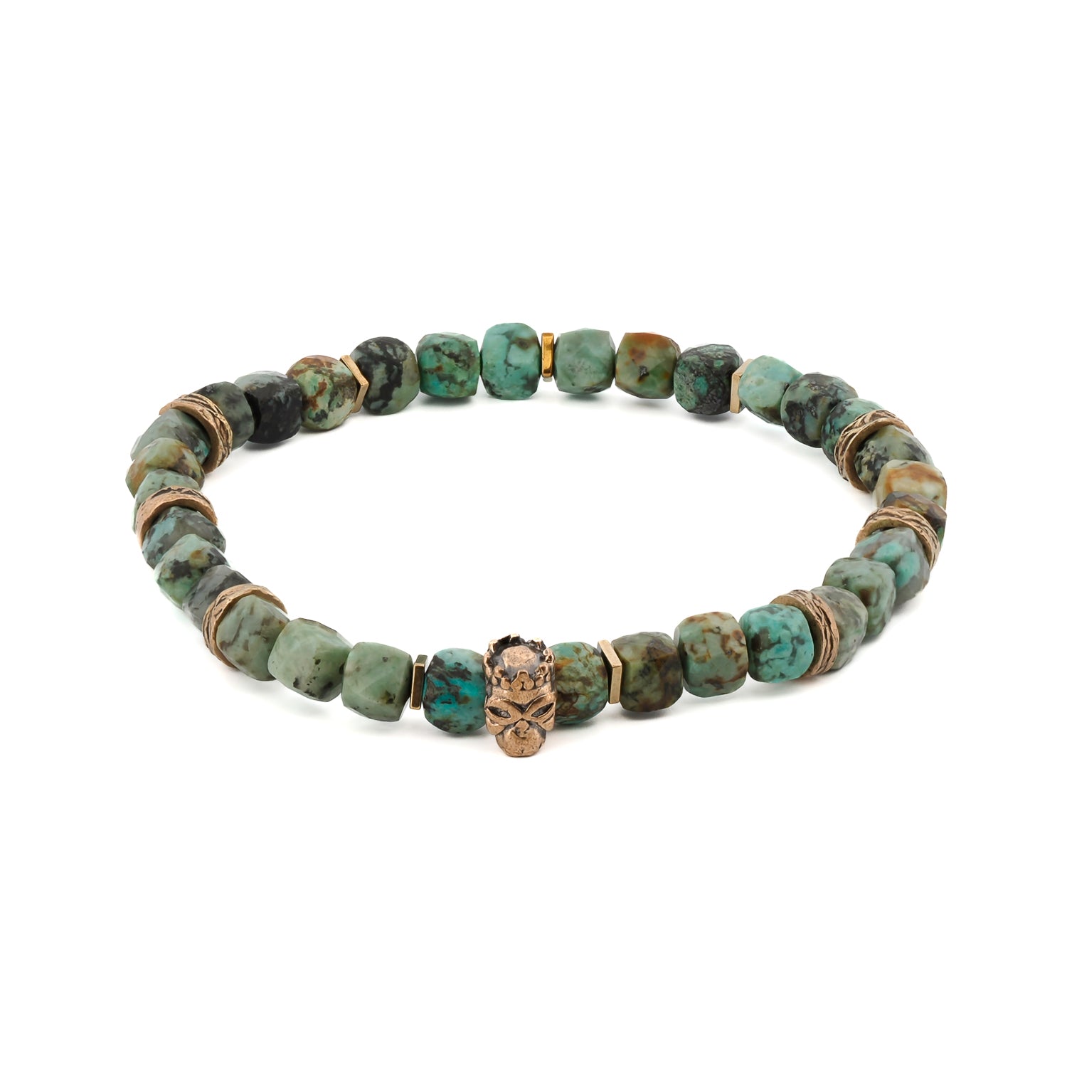King Skull Turquoise Stone Bracelet with Turquoise Stones, Bronze Accent Beads, Cz Diamonds